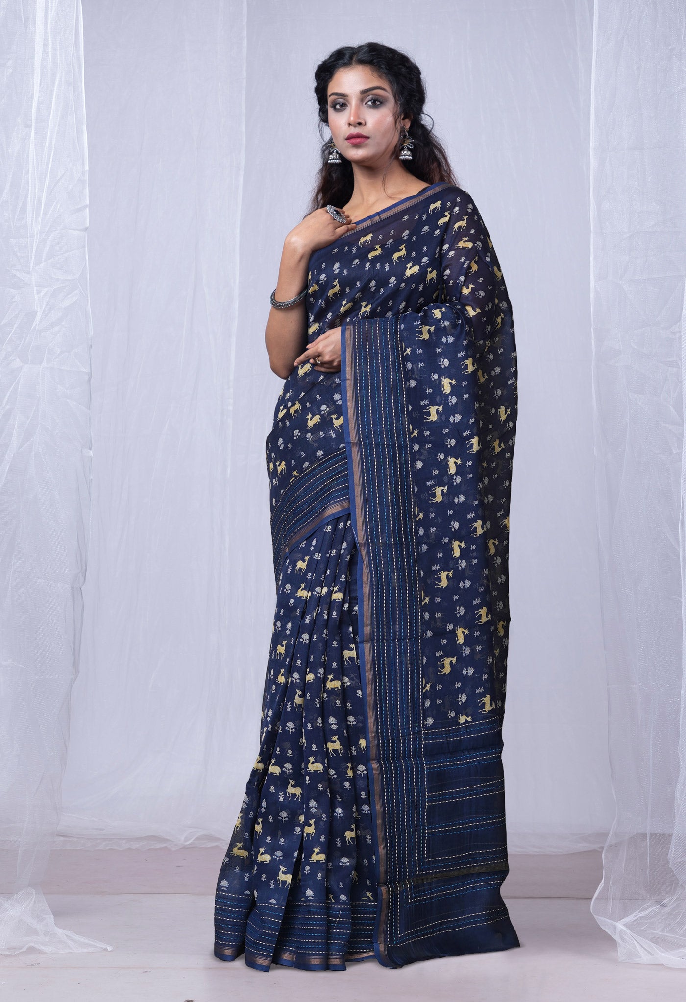 Navy Blue Pure Bagru Printed With Kantha work Chanderi Sico Saree-UNM81093