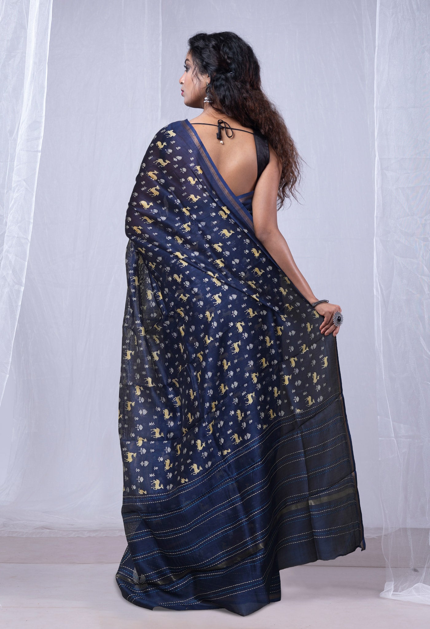 Navy Blue Pure Bagru Printed With Kantha work Chanderi Sico Saree-UNM81093