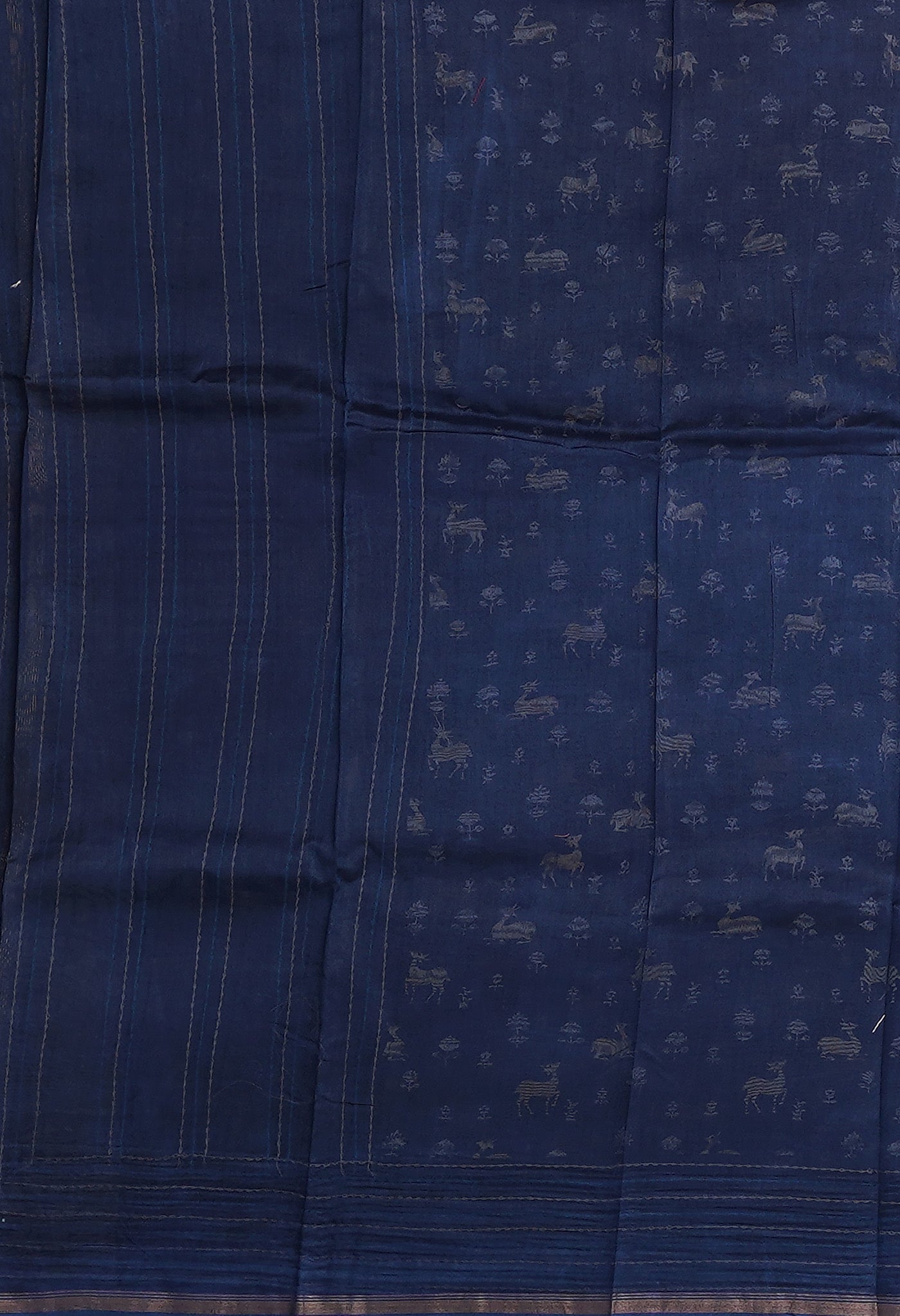 Navy Blue Pure Bagru Printed With Kantha work Chanderi Sico Saree-UNM81093