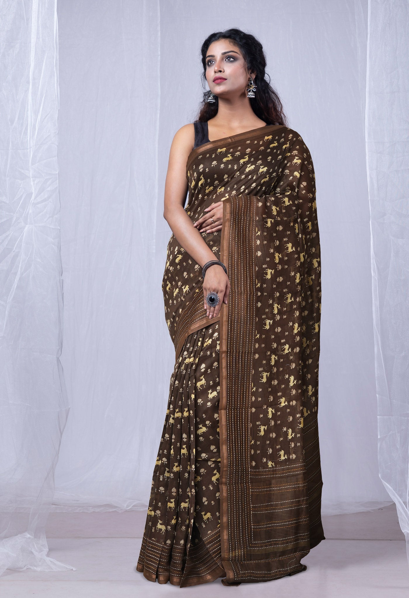 Brown Pure Bagru Printed With Kantha work Chanderi Sico Saree-UNM81094