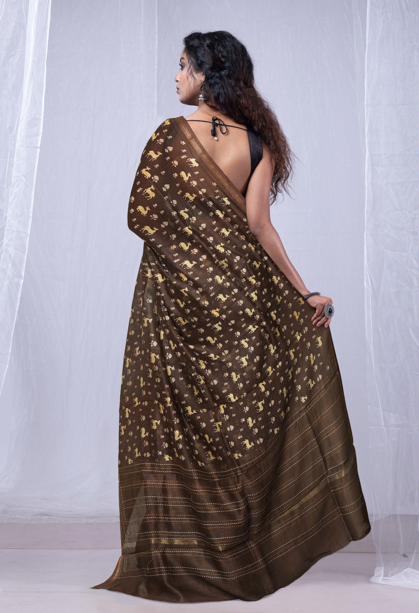 Brown Pure Bagru Printed With Kantha work Chanderi Sico Saree-UNM81094