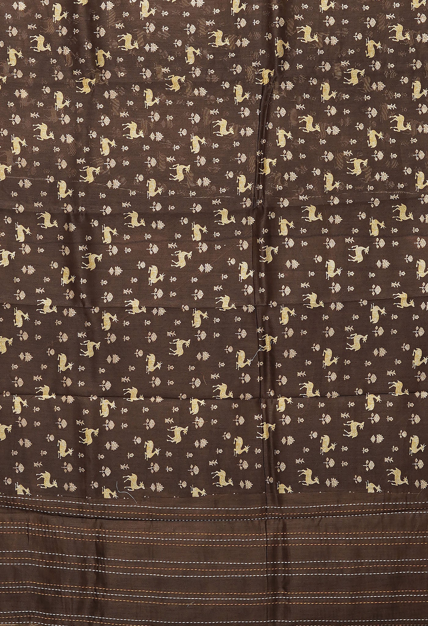 Brown Pure Bagru Printed With Kantha work Chanderi Sico Saree-UNM81094