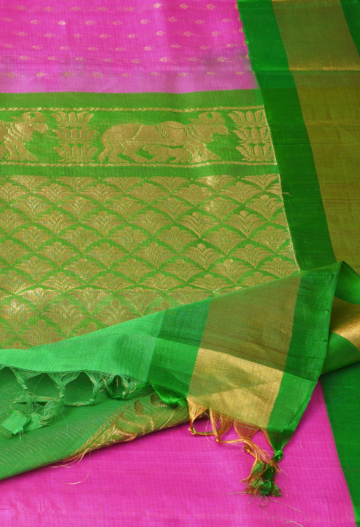 Pink-Green Pure Handloom Assam Sico Saree-UNM81108