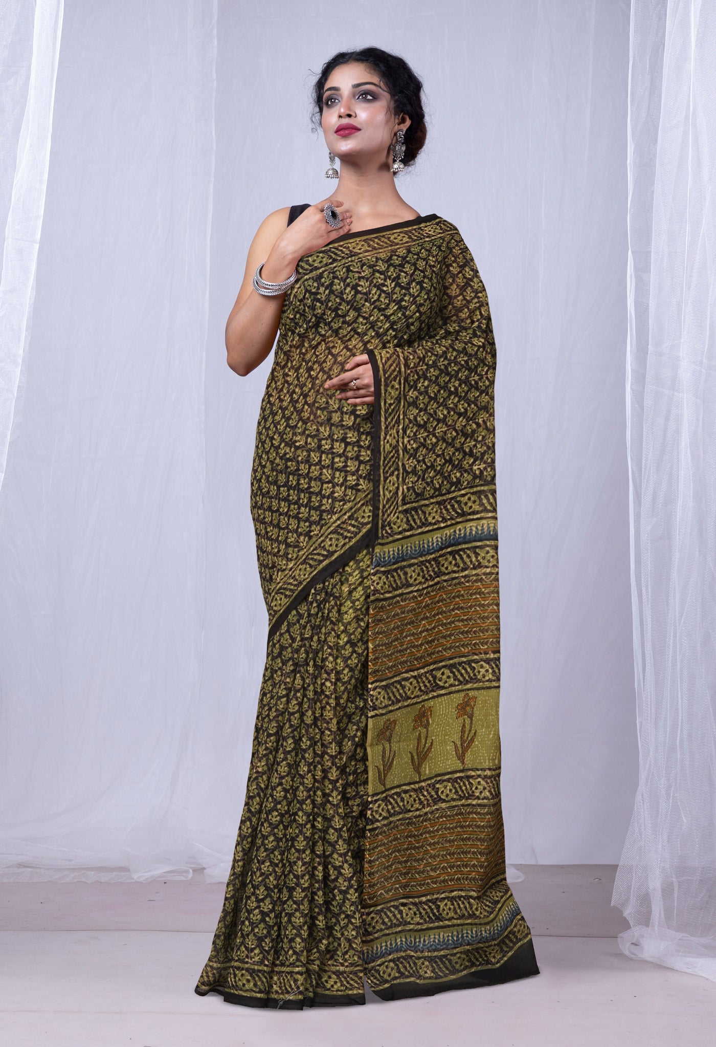 Black Pure Discharge Bagru Printed Kota Saree-UNM81193