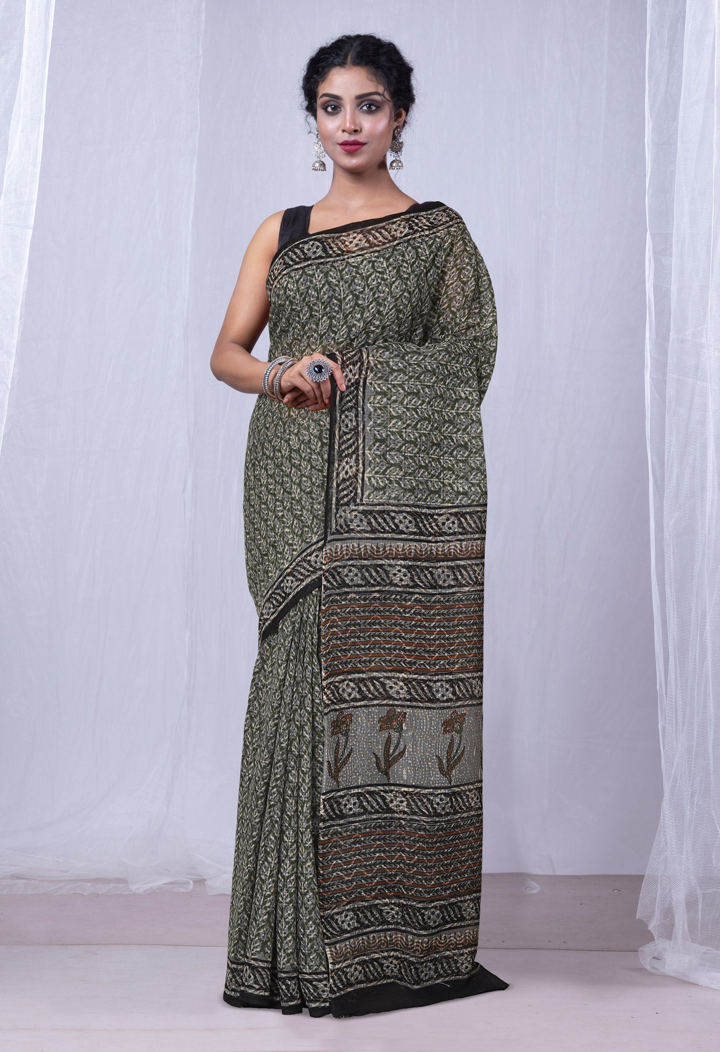 Green Pure Discharge Bagru Printed Kota Saree-UNM81194
