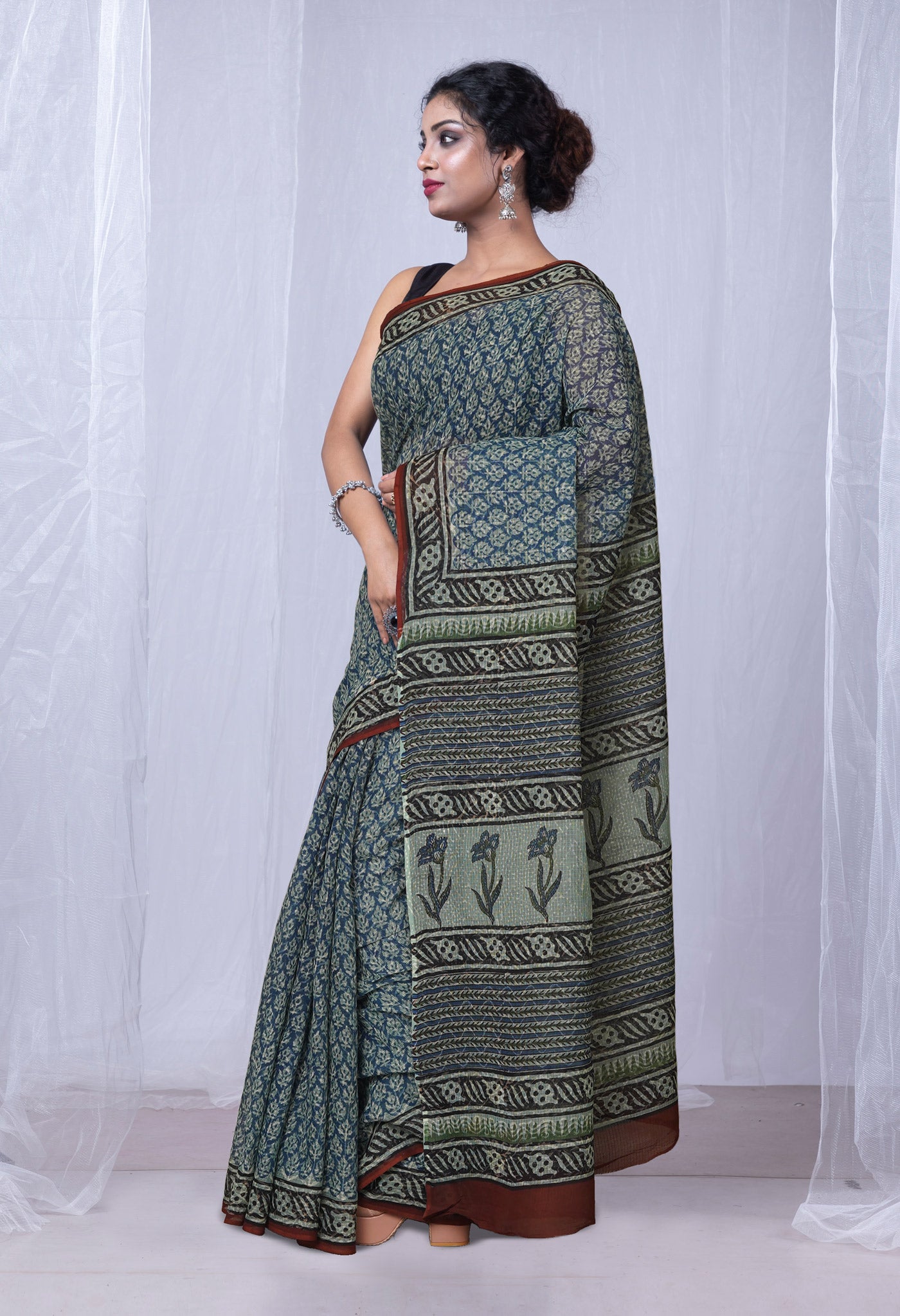 Blue Pure Discharge Bagru Printed Kota Saree-UNM81195