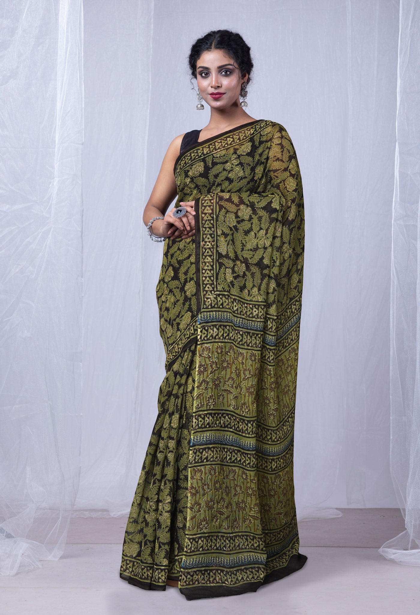 Black Pure Discharge Bagru Printed Kota Saree-UNM81201