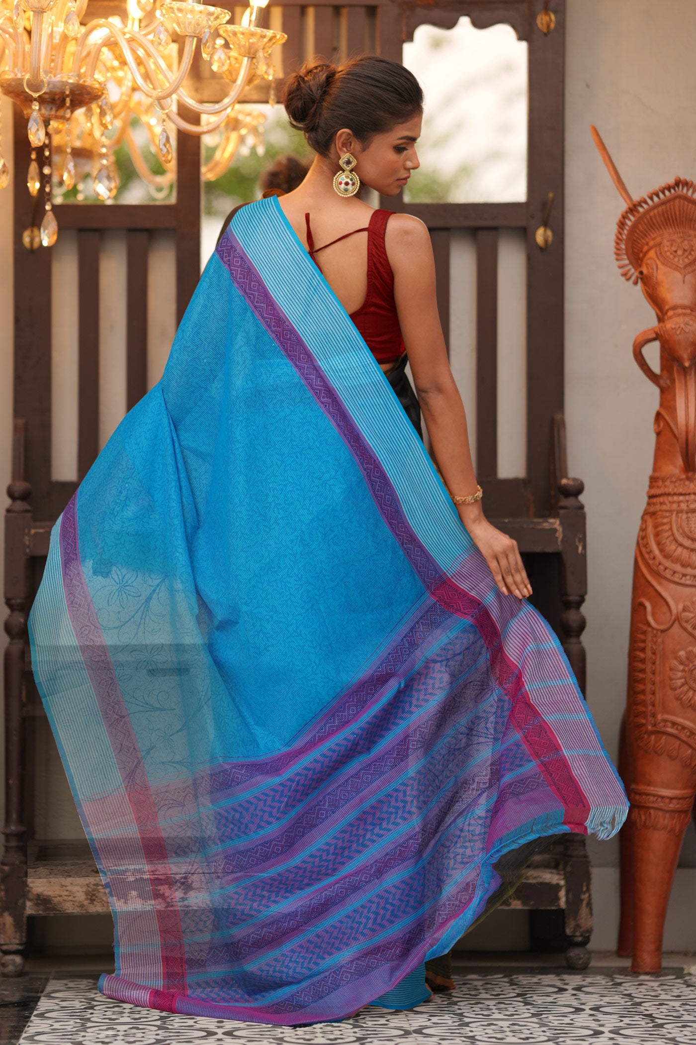 Blue Pure Hand Block Printed Mangalgiri Cotton Saree-UNM81313