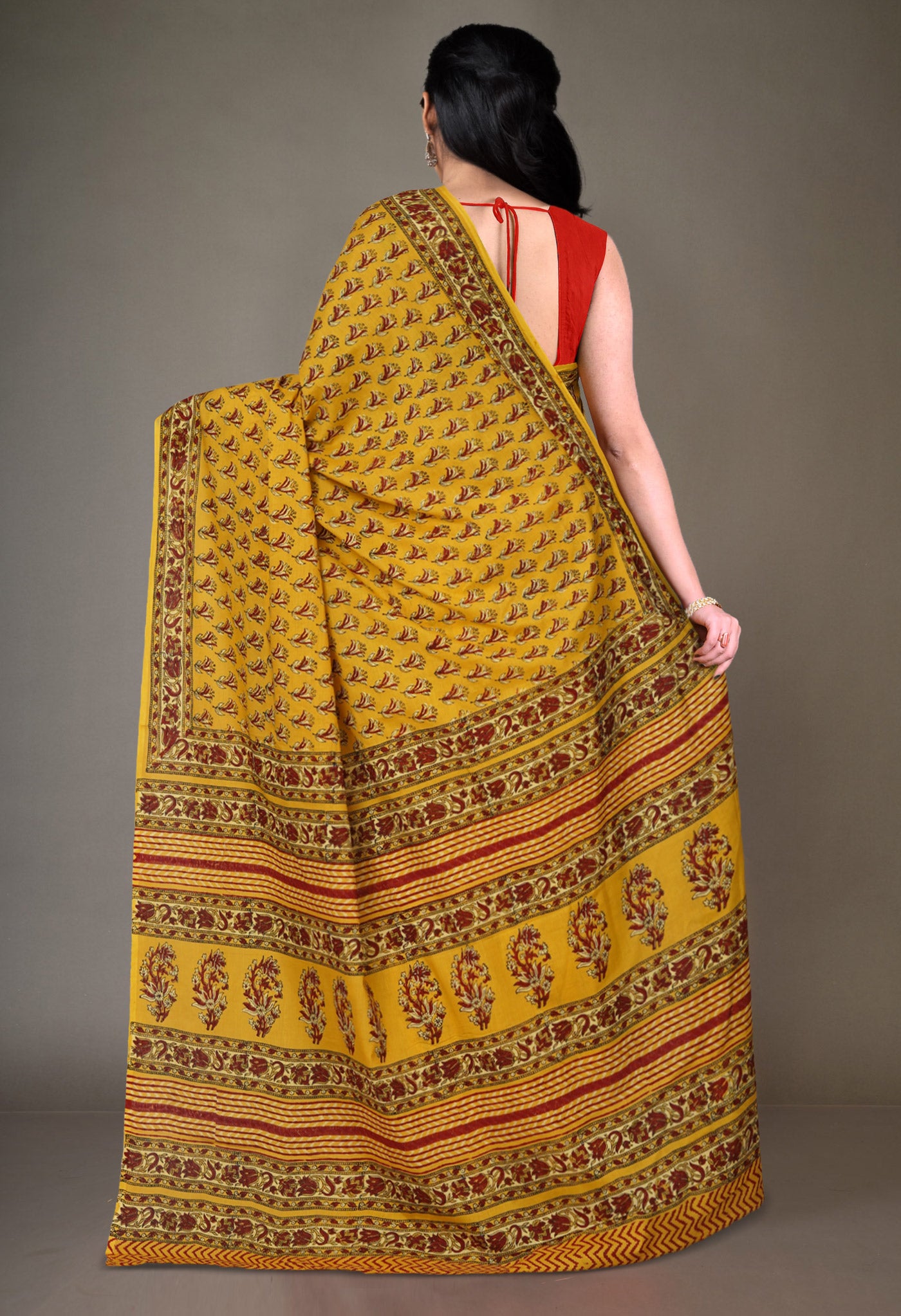 Yellow Pure Hand Block Printed Soft Cotton Saree-UNM81404