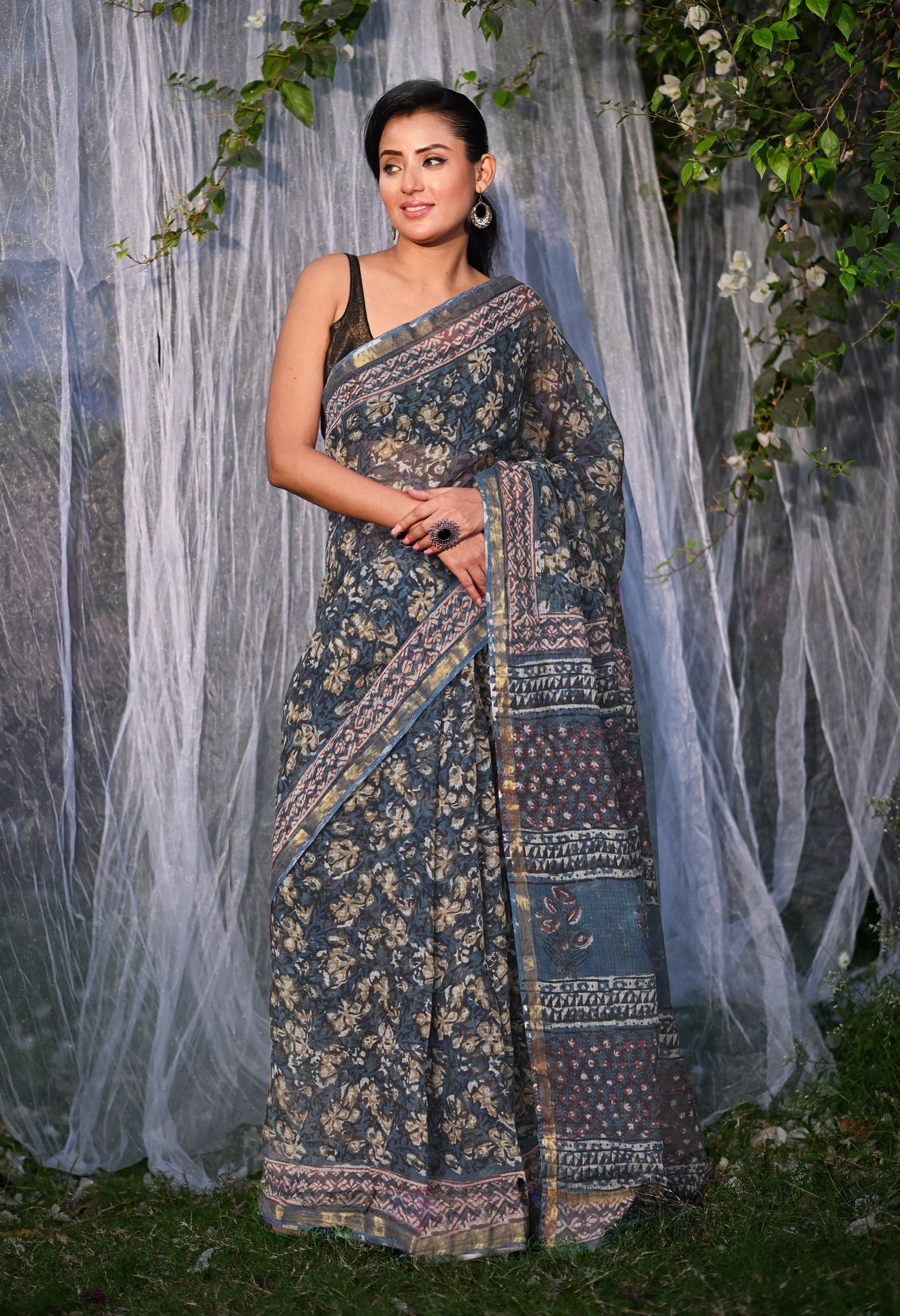 Multi Pure Discharge Bagru Printed Kota Saree-UNM81796