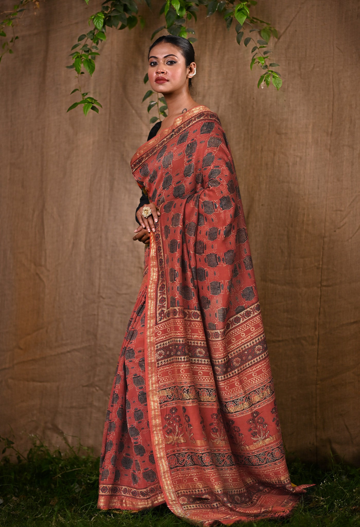 Red Pure Ajrakh Printed Maheshwari Soft Silk Saree-UNM81892