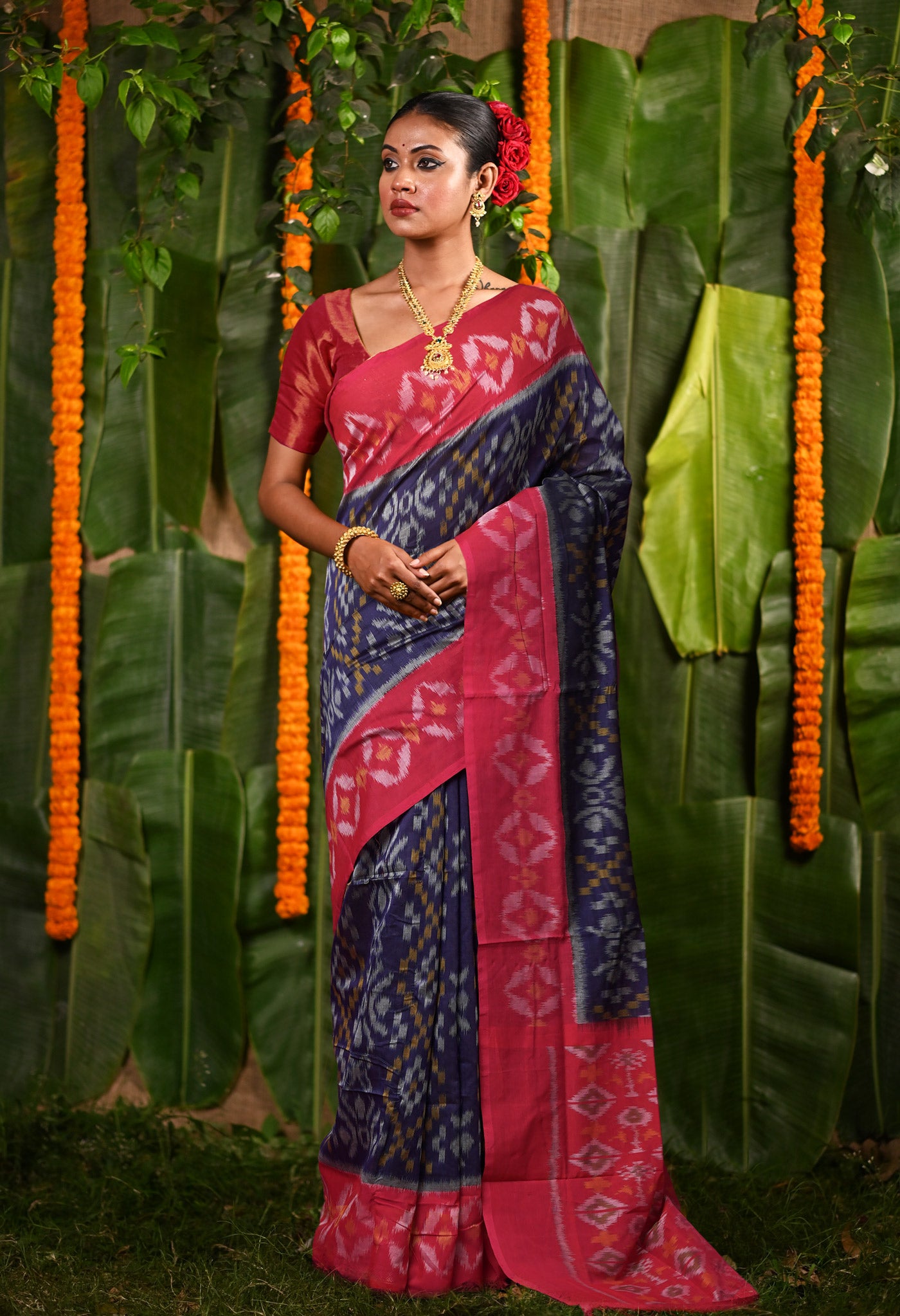 Navy Blue  -Pink Pure Pochampally Mercerized Cotton Silk Saree-UNM82112