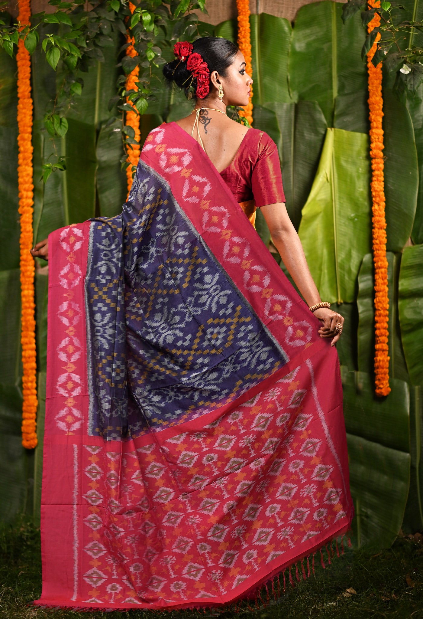 Navy Blue  -Pink Pure Pochampally Mercerized Cotton Silk Saree-UNM82112