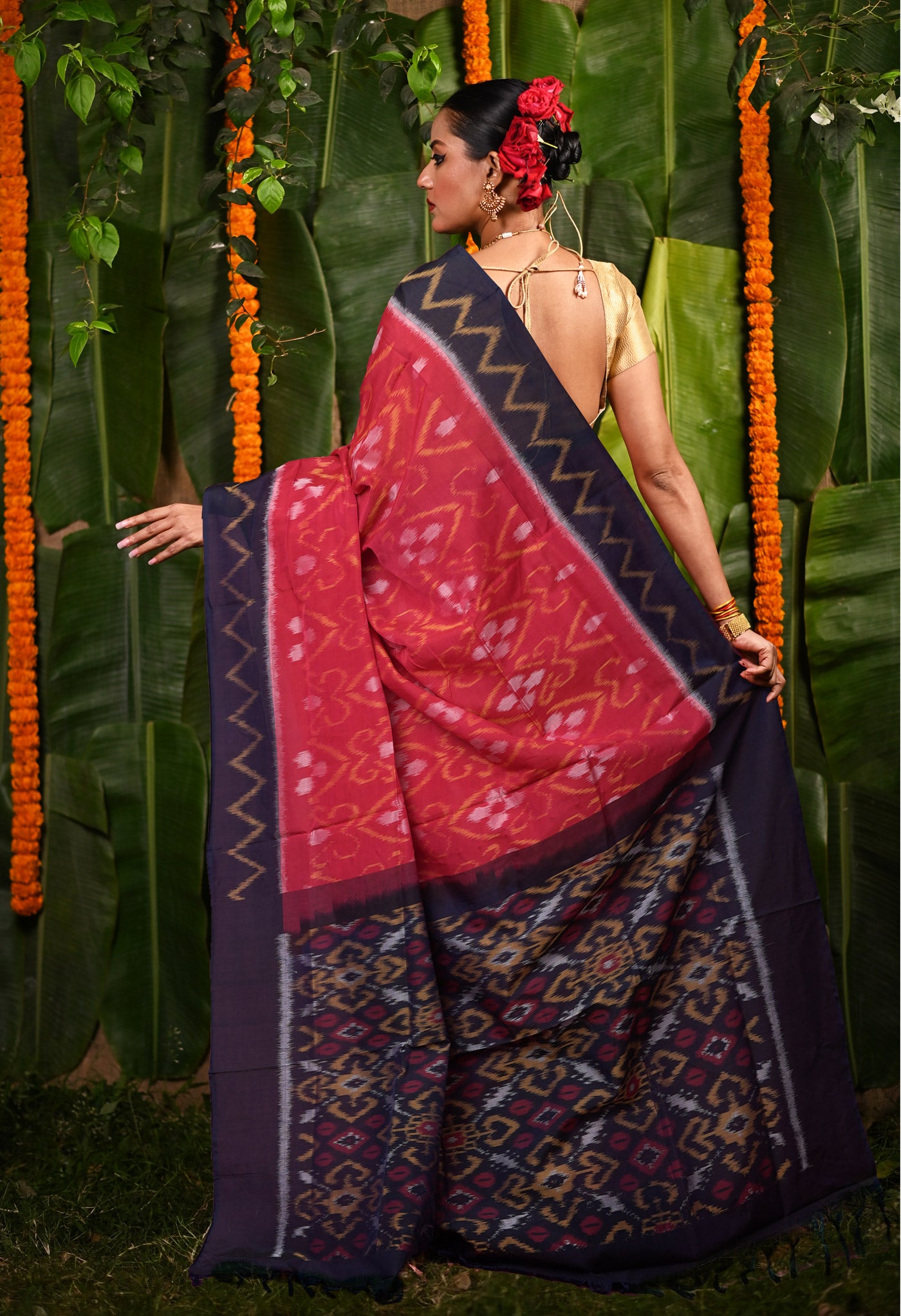 PinkNavy Blue Pure Pochampally Mercerized Cotton Silk Saree-UNM82113