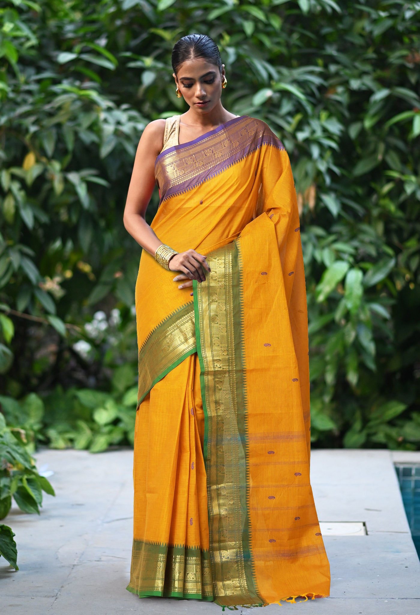 Mustard Yellow Pure Pavani Handcrafted Chettinad Cotton Saree-UNM82138
