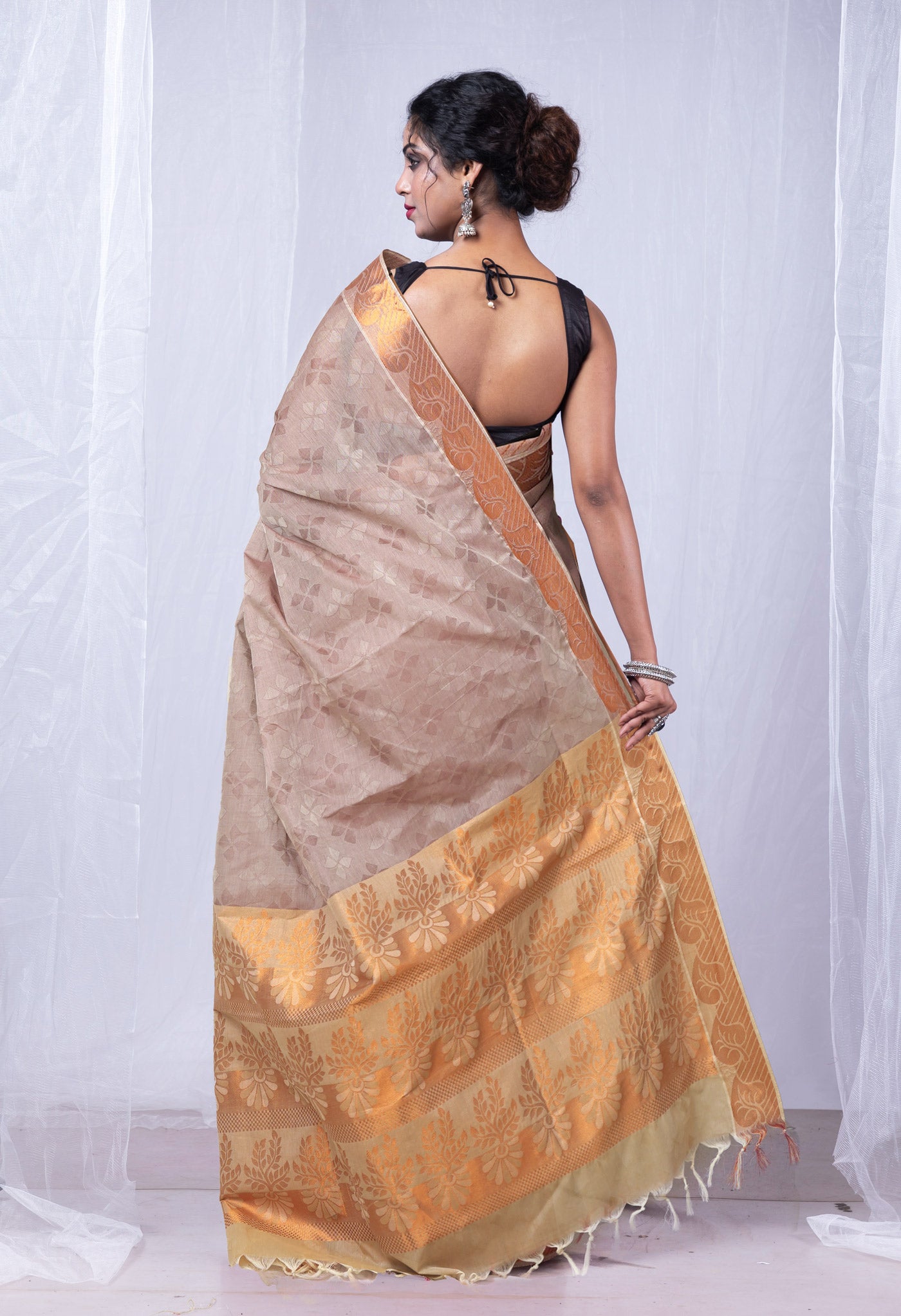 Beige Pure Pavani Handcrafted Jacquard Chettinad Cotton Saree-UNM82146