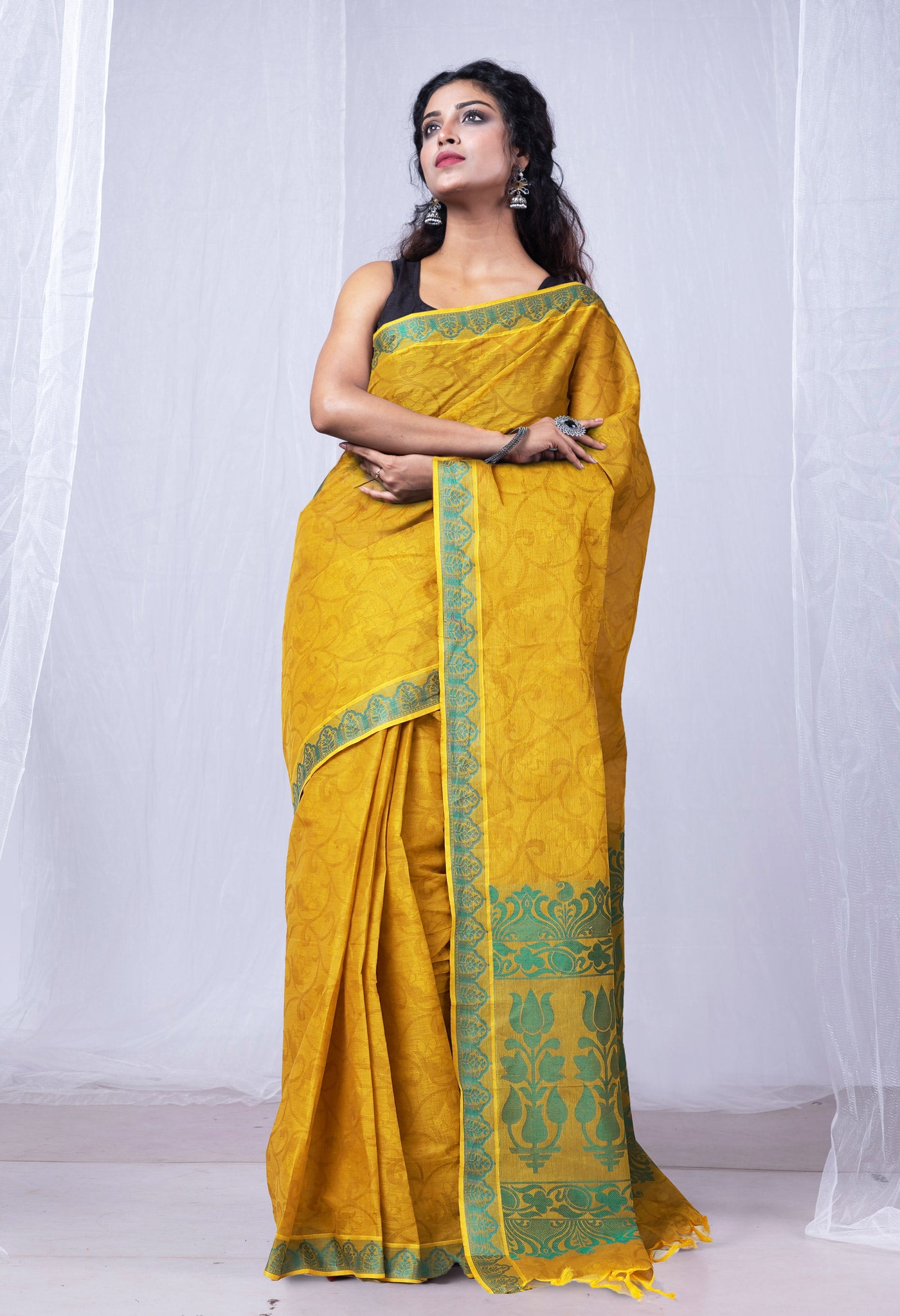Mustard Yellow Pure Pavani Handcrafted Jacquard Chettinad Cotton Saree-UNM82155