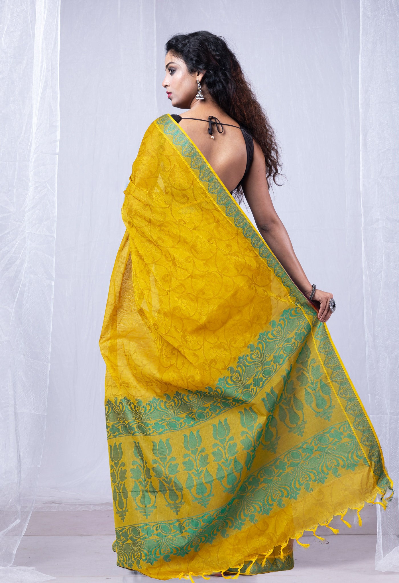 Mustard Yellow Pure Pavani Handcrafted Jacquard Chettinad Cotton Saree-UNM82155