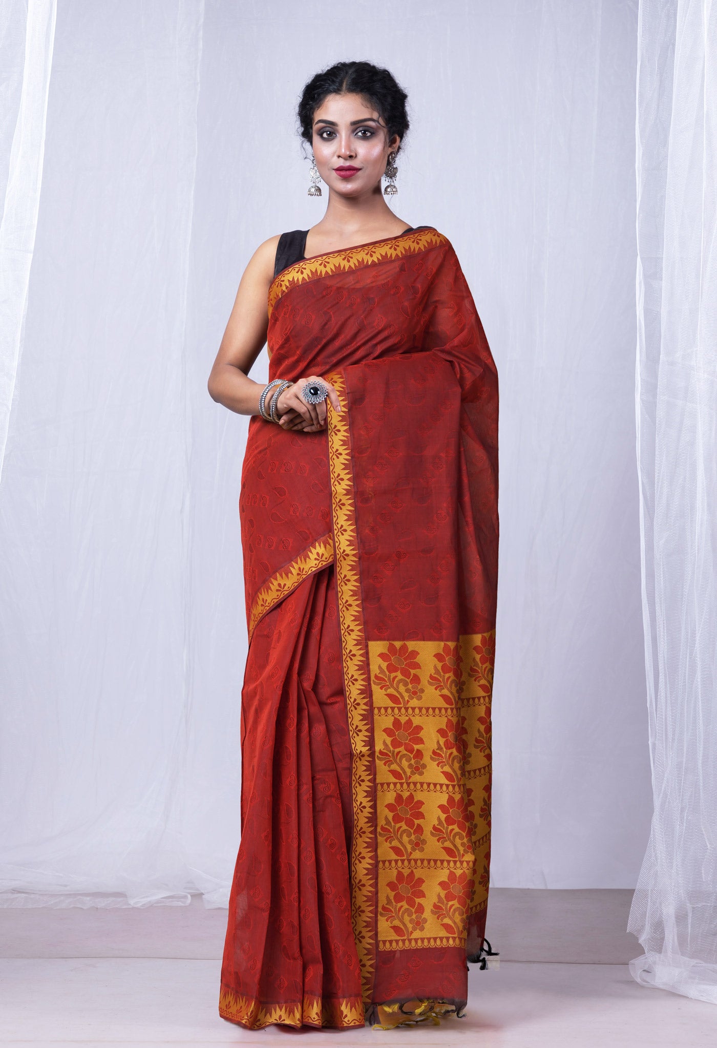 Burgundy Pure Pavani Handcrafted Jacquard Chettinad Cotton Saree-UNM82157