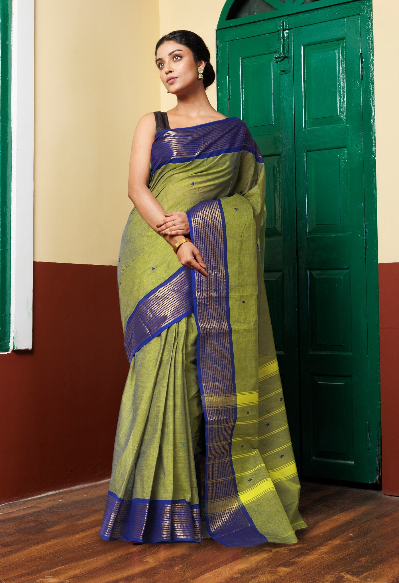 Green-Blue Pure Pavani Handcrafted Kanchi Cotton Saree-UNM82209
