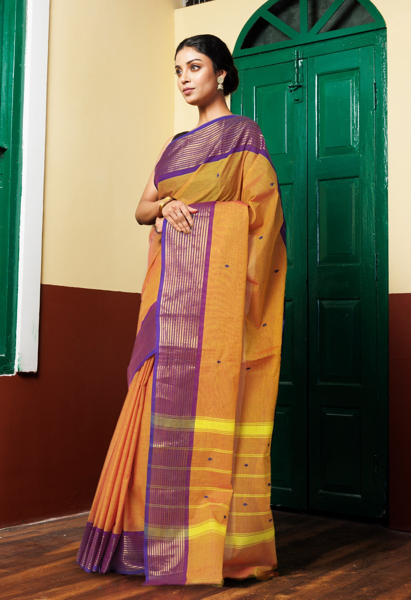Turmeric Orange Pure Pavani Handcrafted Kanchi Cotton Saree-UNM82211