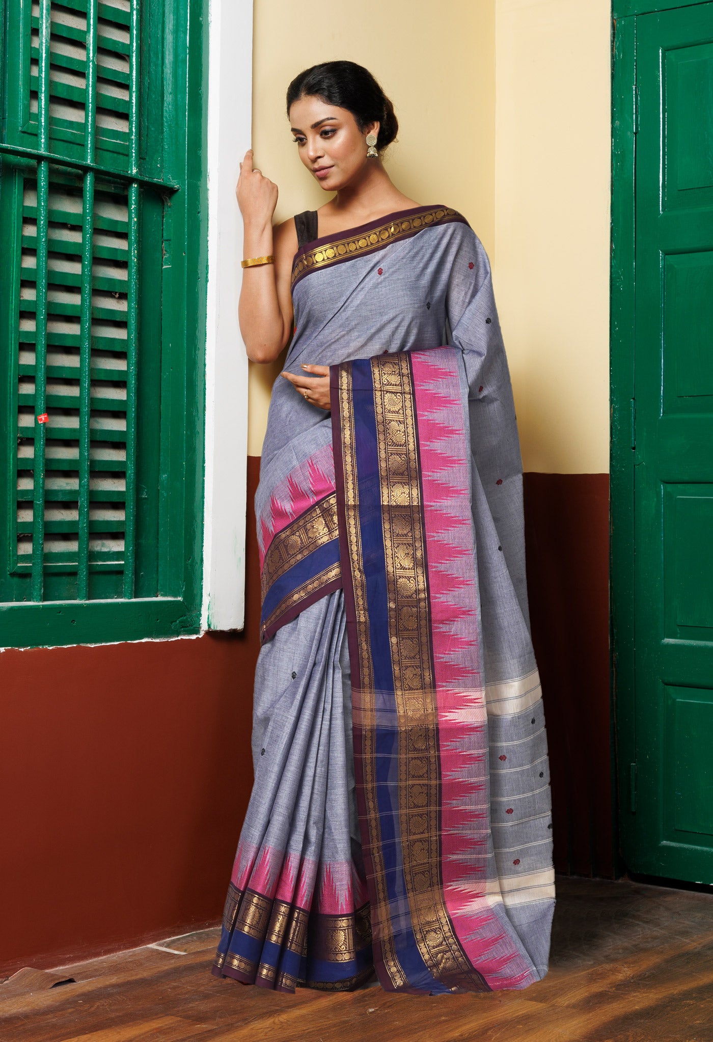Grey Pure Pavani Handcrafted Kanchi Cotton Saree-UNM82214