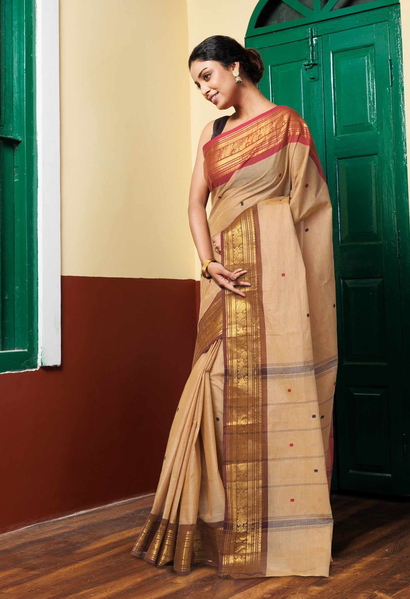Cream Pure Pavani Handcrafted Kanchi Cotton Saree-UNM82225