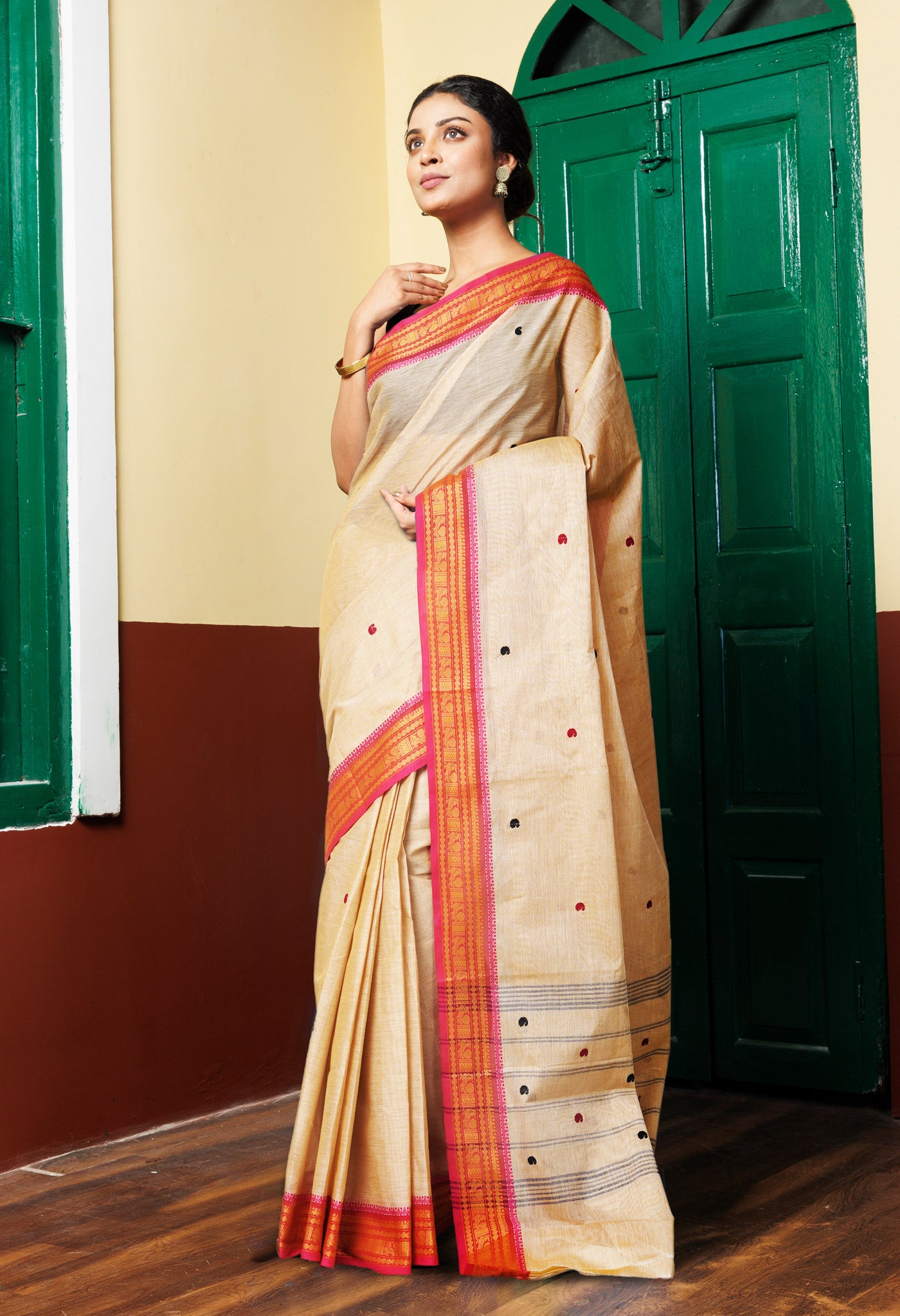 Beige Pure Pavani Handcrafted Kanchi Cotton Saree-UNM82229