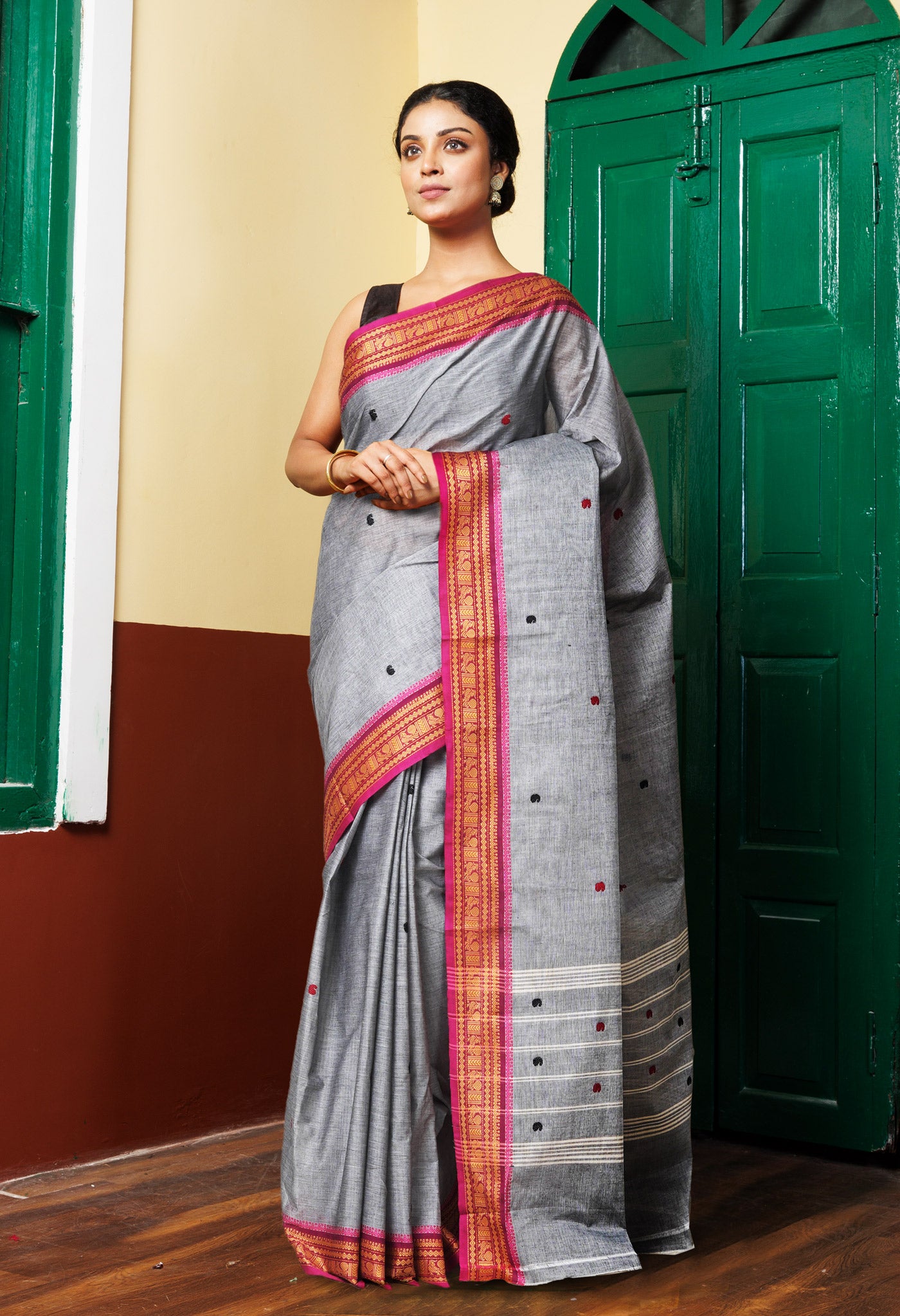 Grey Pure Pavani Handcrafted Kanchi Cotton Saree-UNM82230