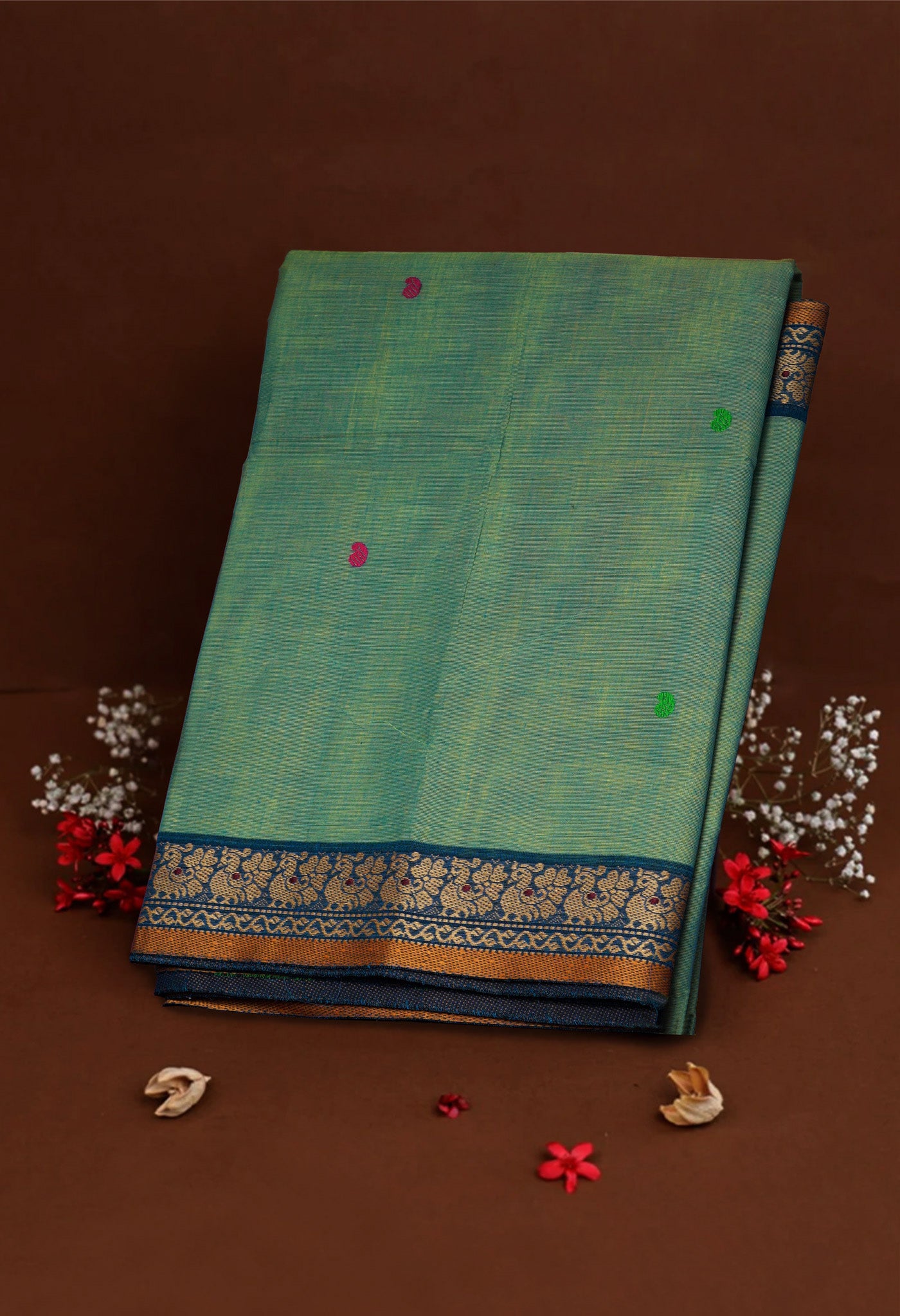 Green-Blue Pure Pavani Handcrafted Kanchi Cotton Saree-UNM82231