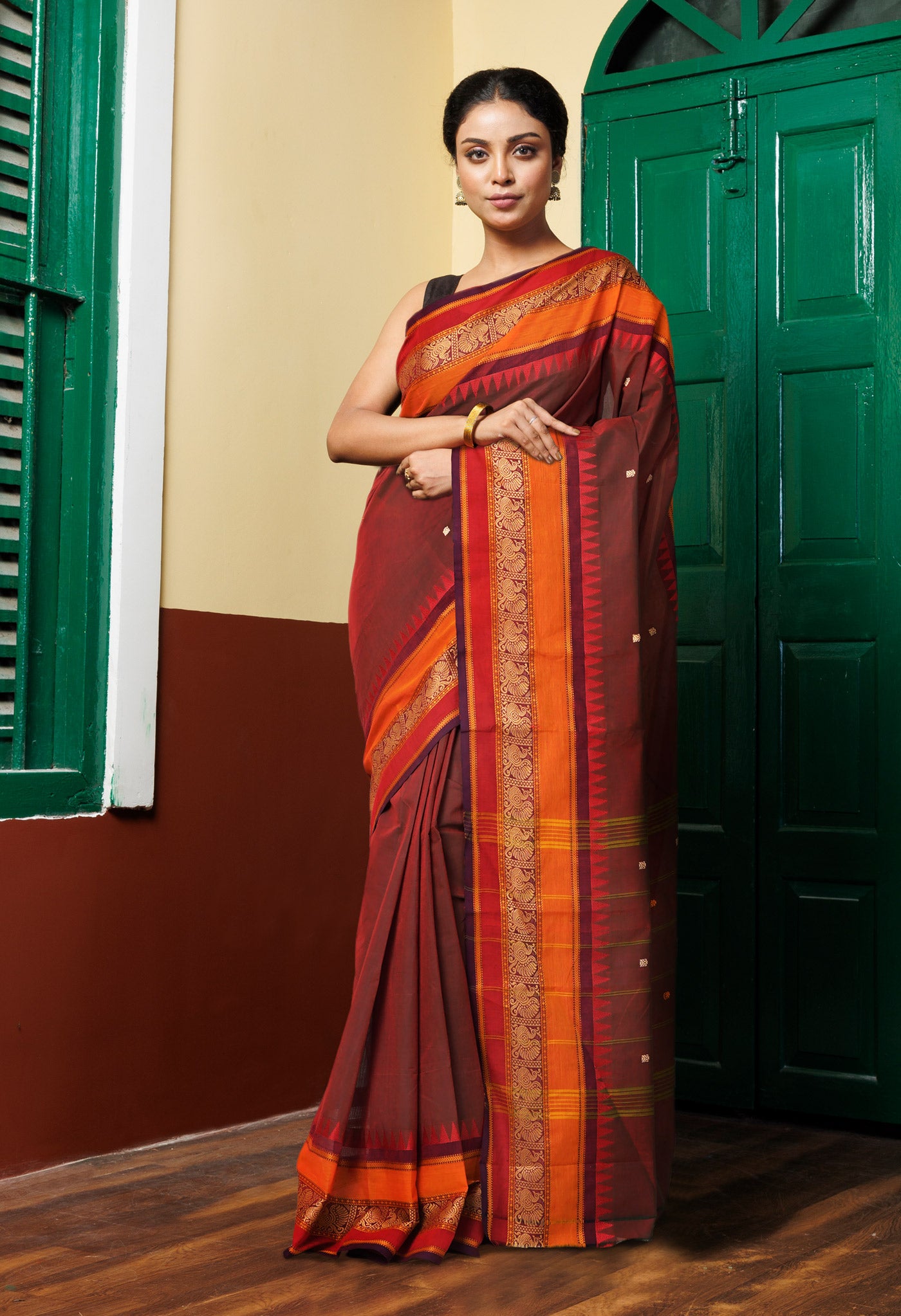 Green-Red Pure Pavani Handcrafted Kanchi Cotton Saree-UNM82253