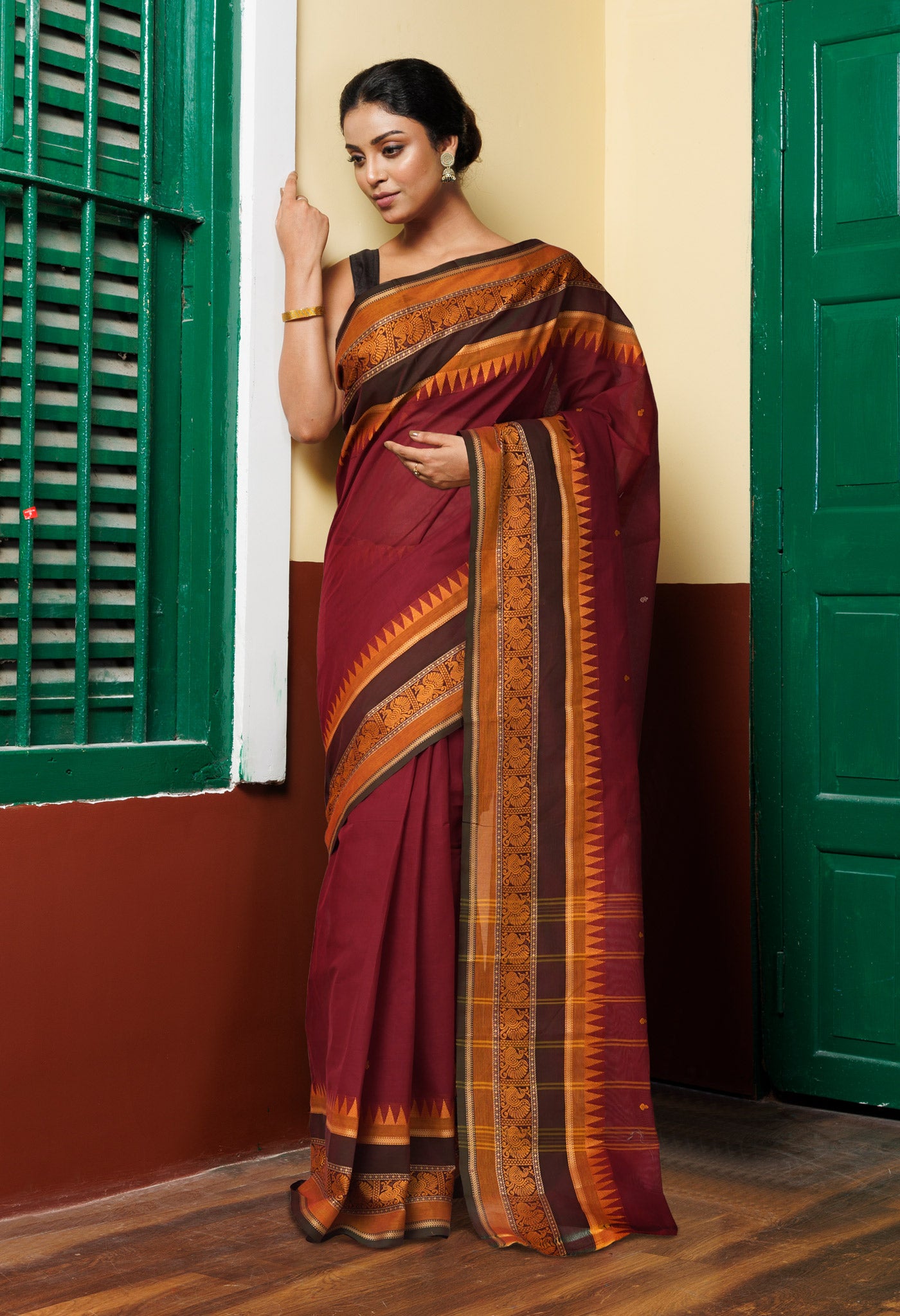 Maroon Pure Pavani Handcrafted Kanchi Cotton Saree-UNM82255