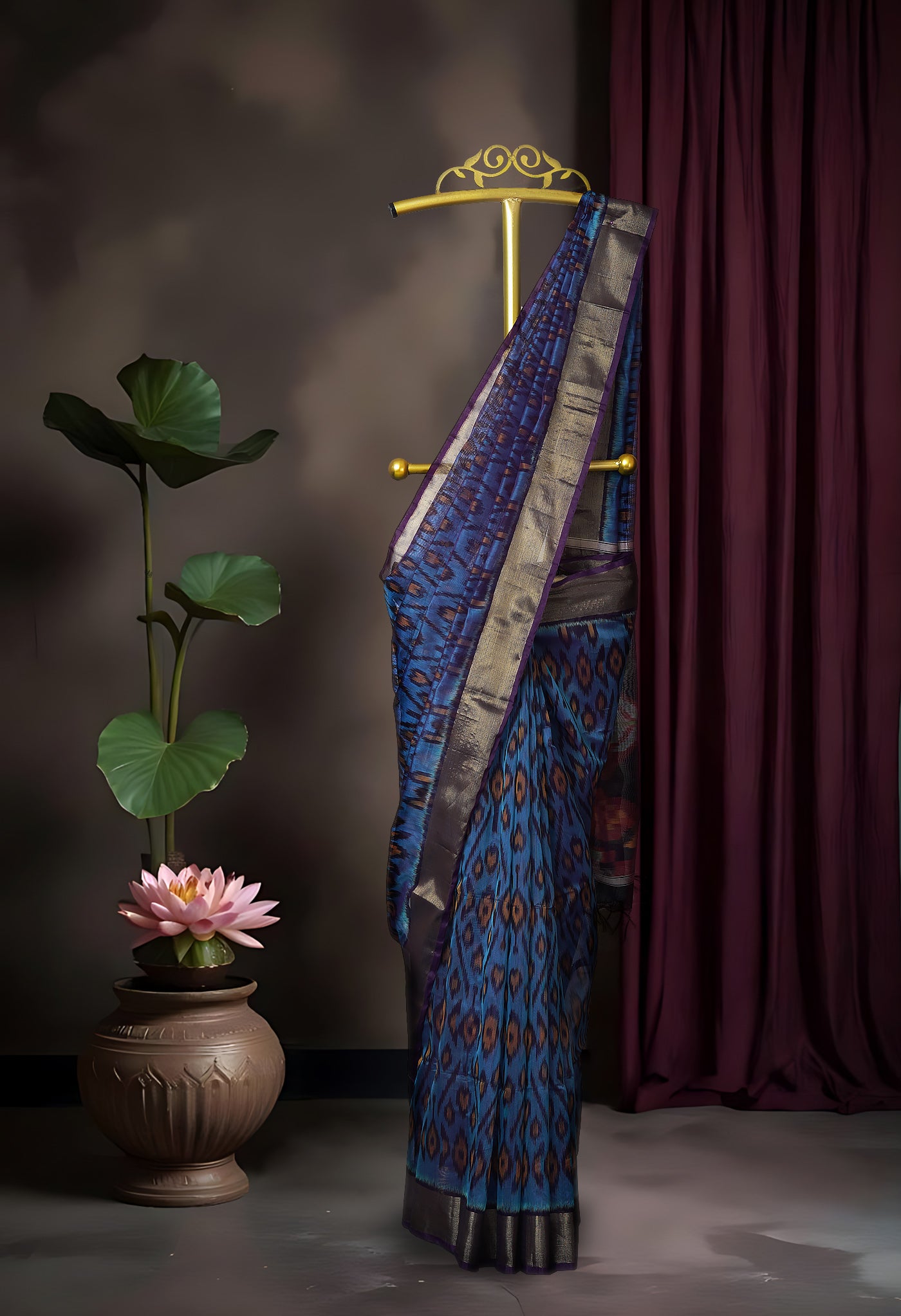 Grey-Dark Purple Pure Pochampally Cotton Silk Saree-UNM82279