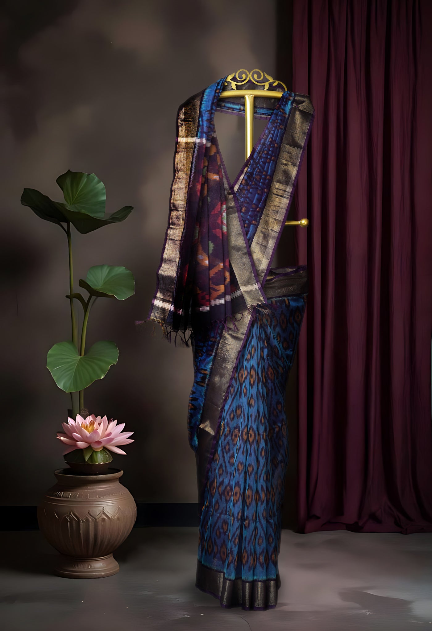 Grey-Dark Purple Pure Pochampally Cotton Silk Saree-UNM82279