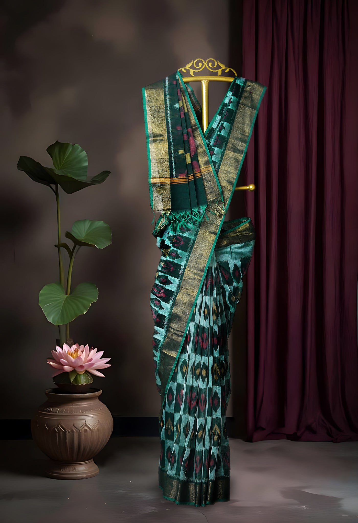 Green-Dark Green Pure Pochampally Cotton Silk Saree-UNM82280