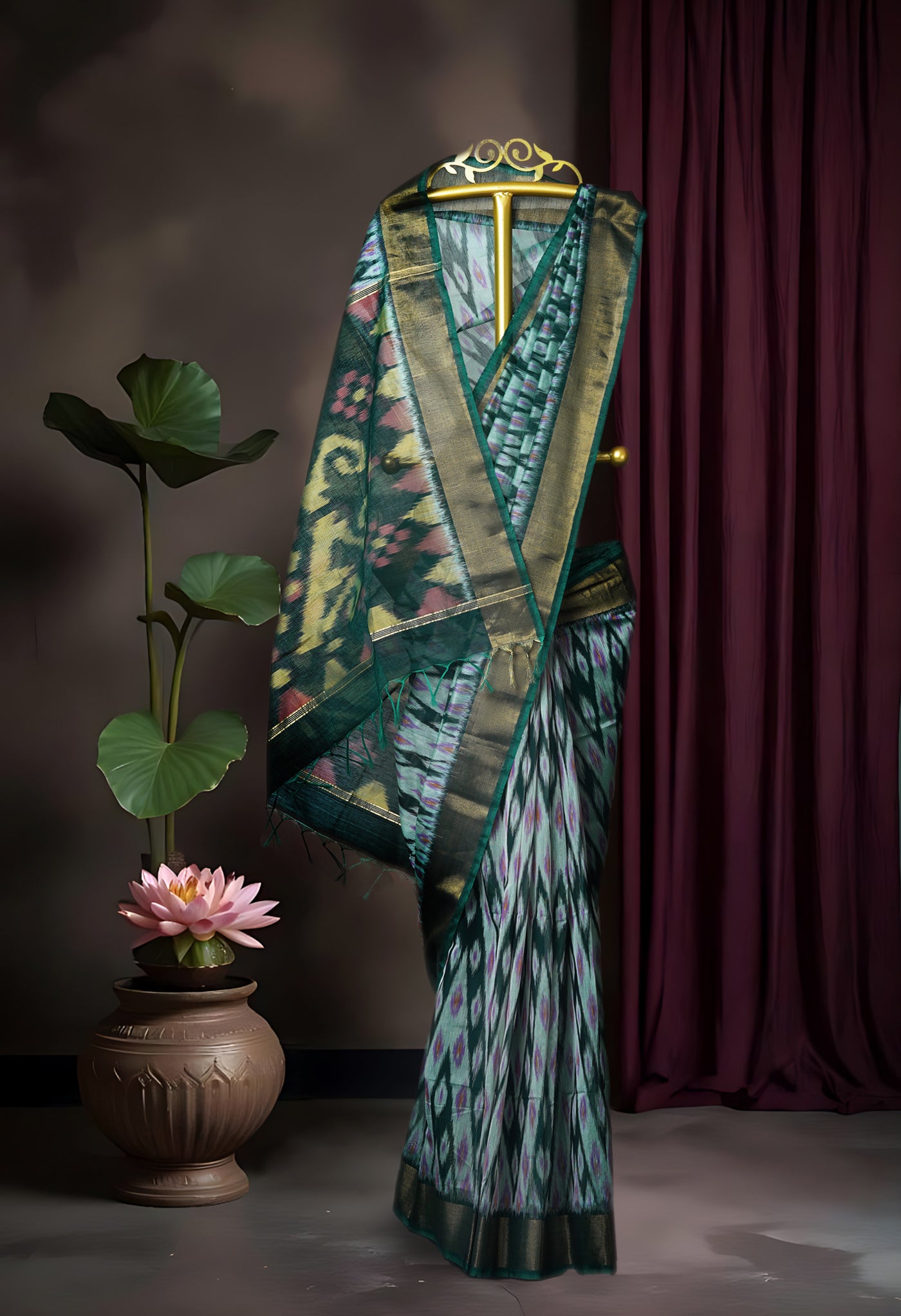 Green-Dark Green Pure Pochampally Cotton Silk Saree-UNM82283