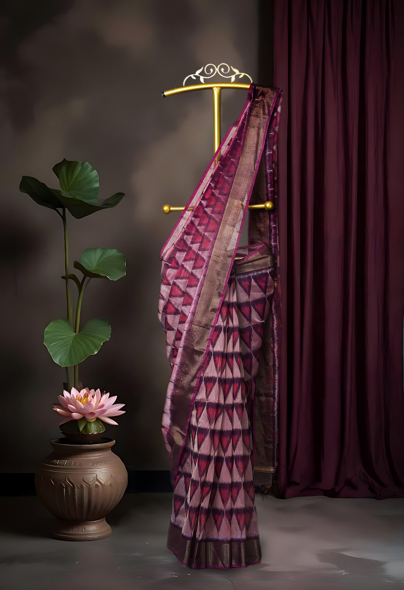 Pink-Purple Pure Pochampally Cotton Silk Saree-UNM82284