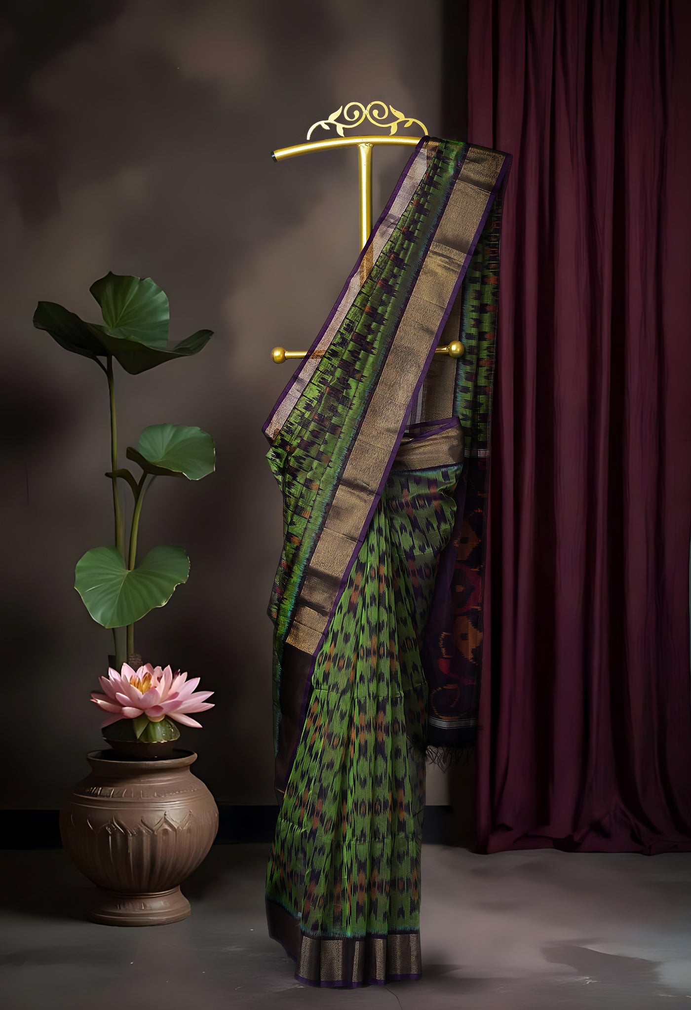 Green-Dark Purple Pure Pochampally Cotton Silk Saree-UNM82286