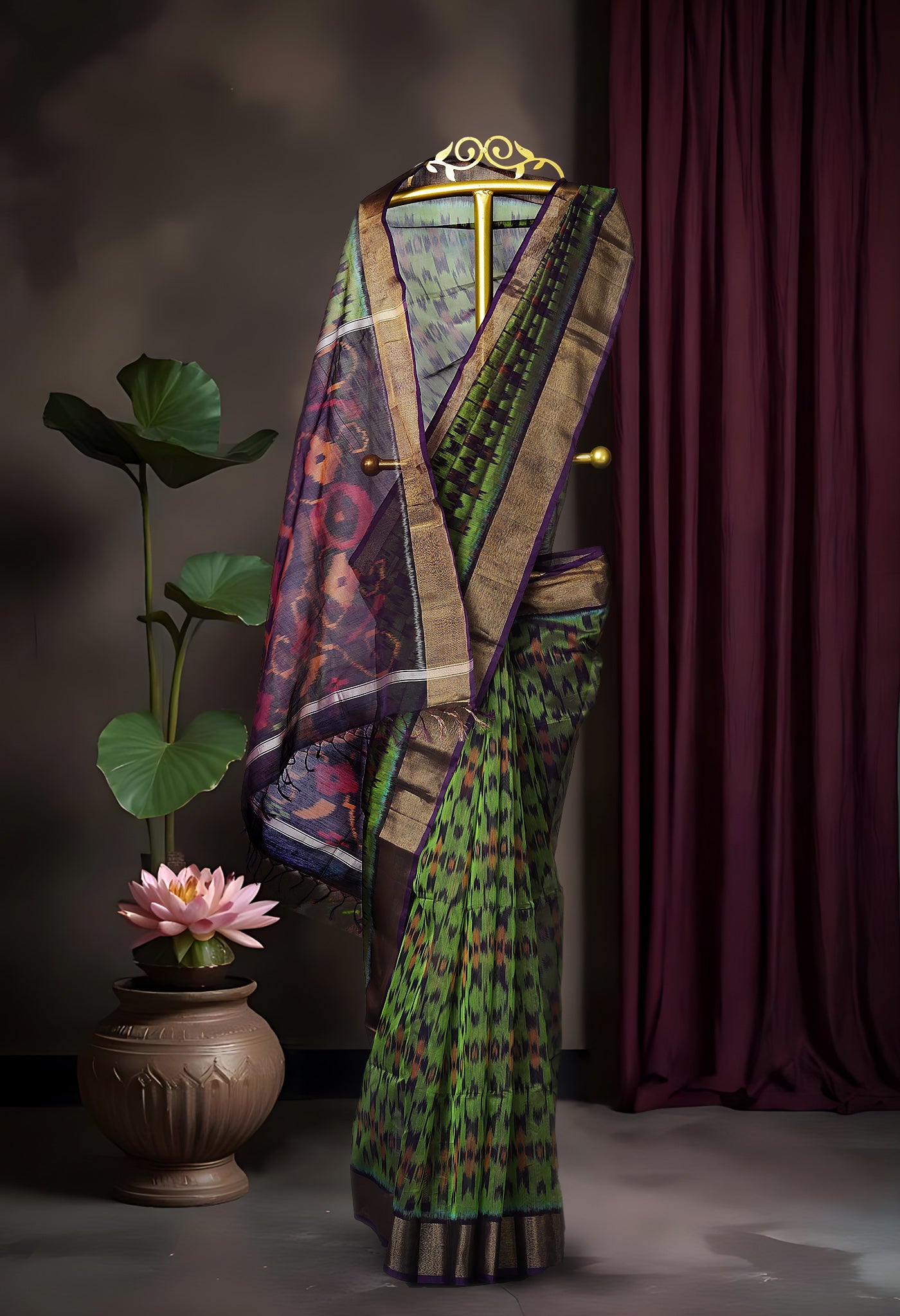 Green-Dark Purple Pure Pochampally Cotton Silk Saree-UNM82286