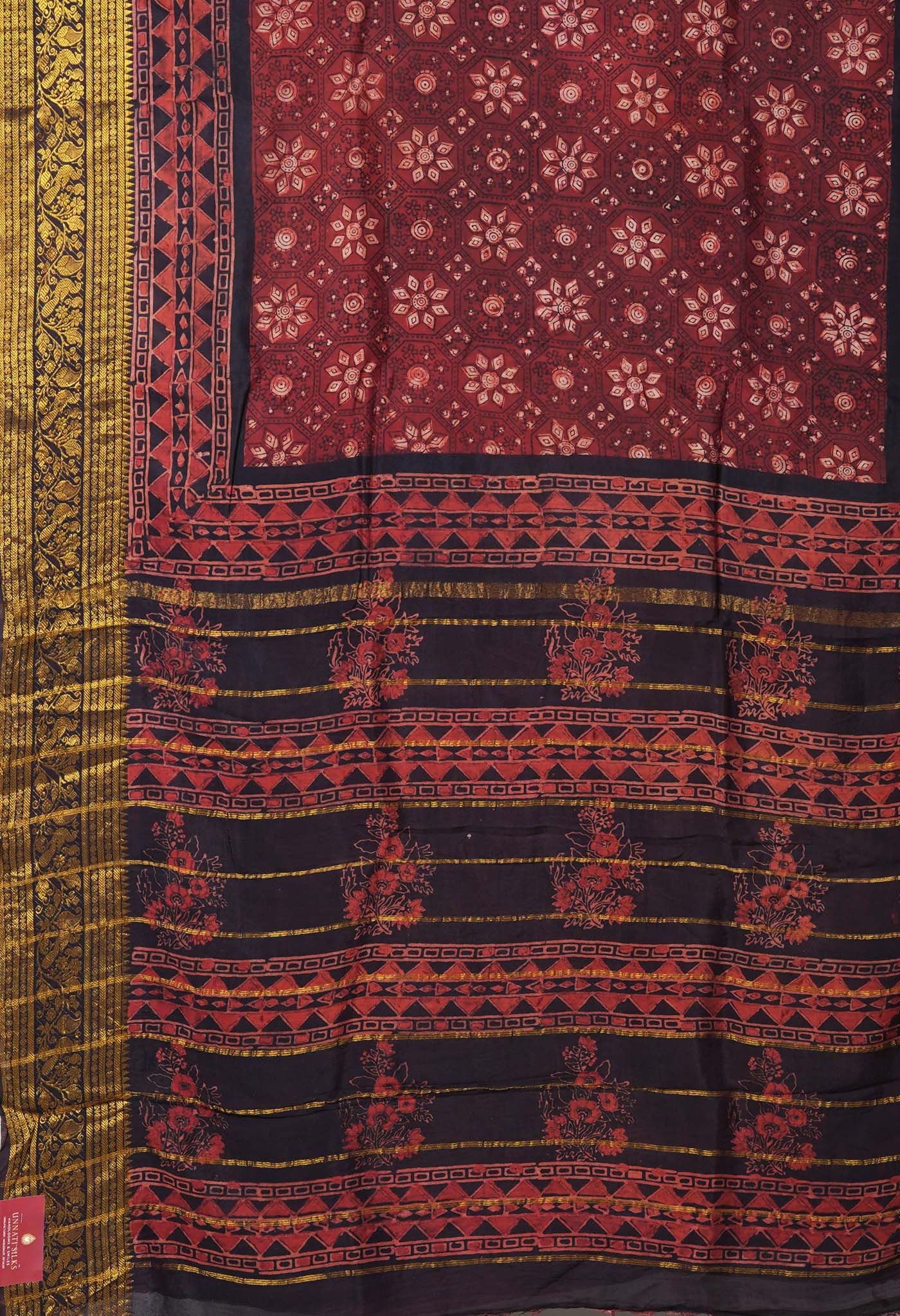 Maroon-Black Pure Ajrakh Printed Soft Silk Saree-UNM82295