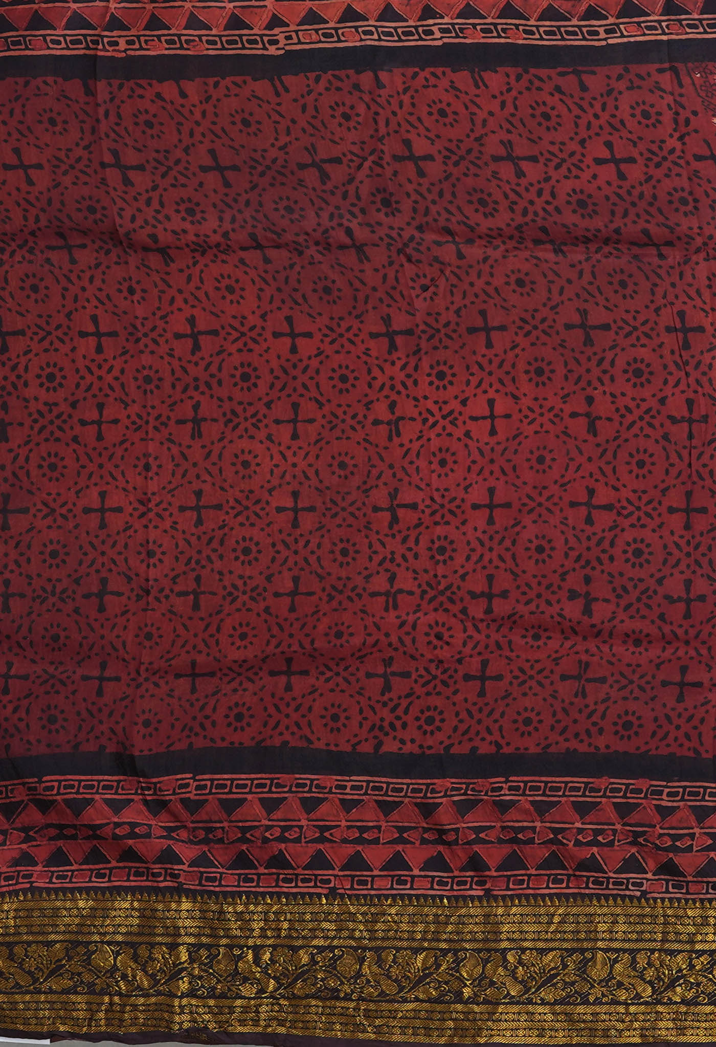 Maroon-Black Pure Ajrakh Printed Soft Silk Saree-UNM82295