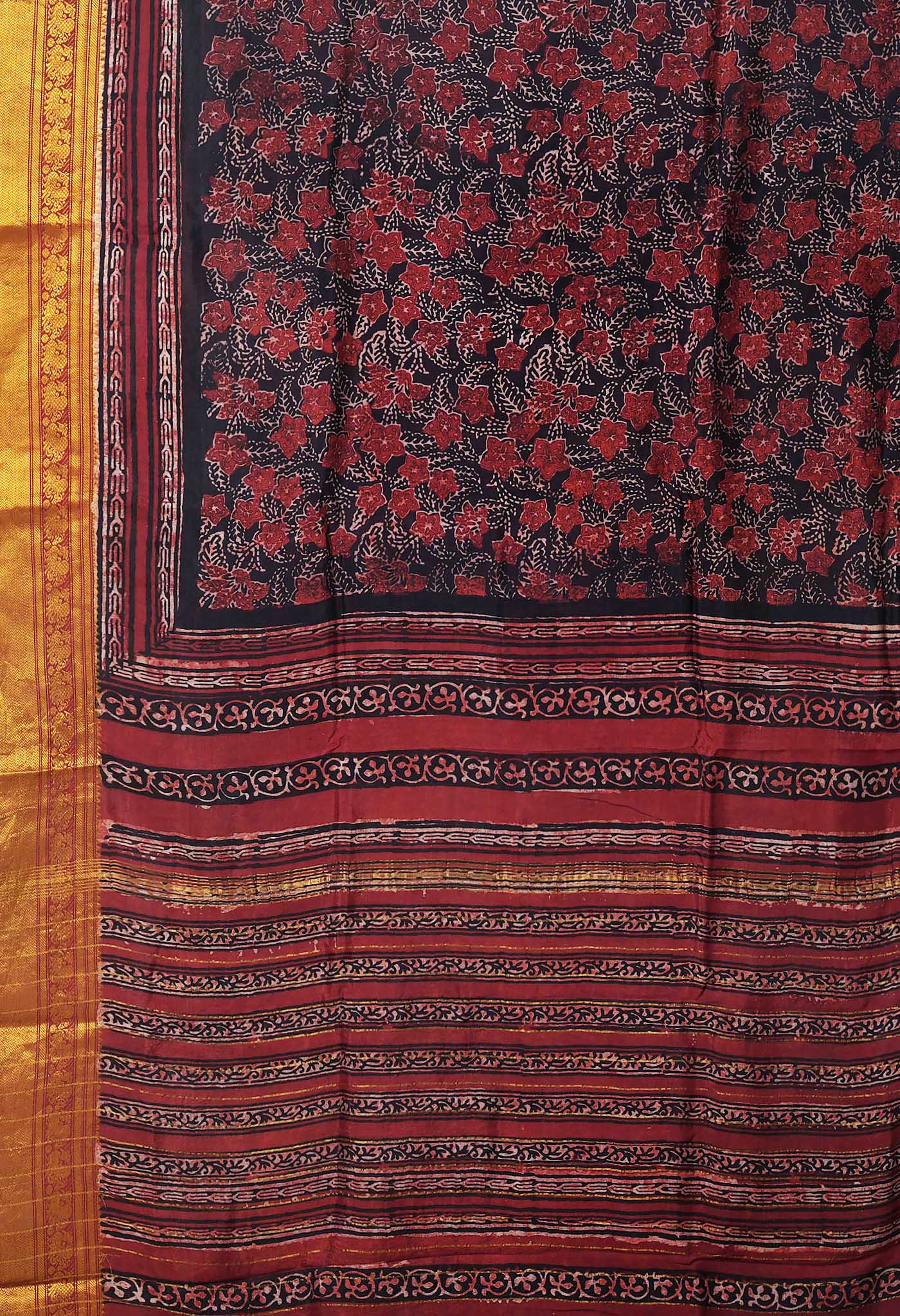 Black-Maroon Pure Ajrakh Printed Soft Silk Saree-UNM82296