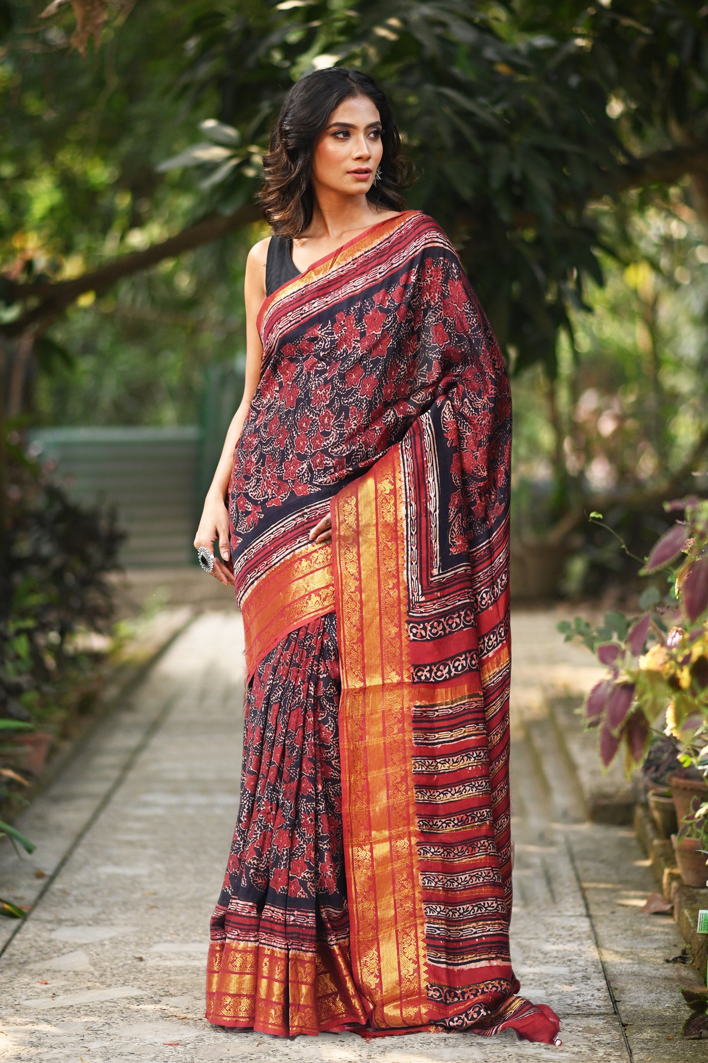 Black-Maroon Pure Ajrakh Printed Soft Silk Saree-UNM82305