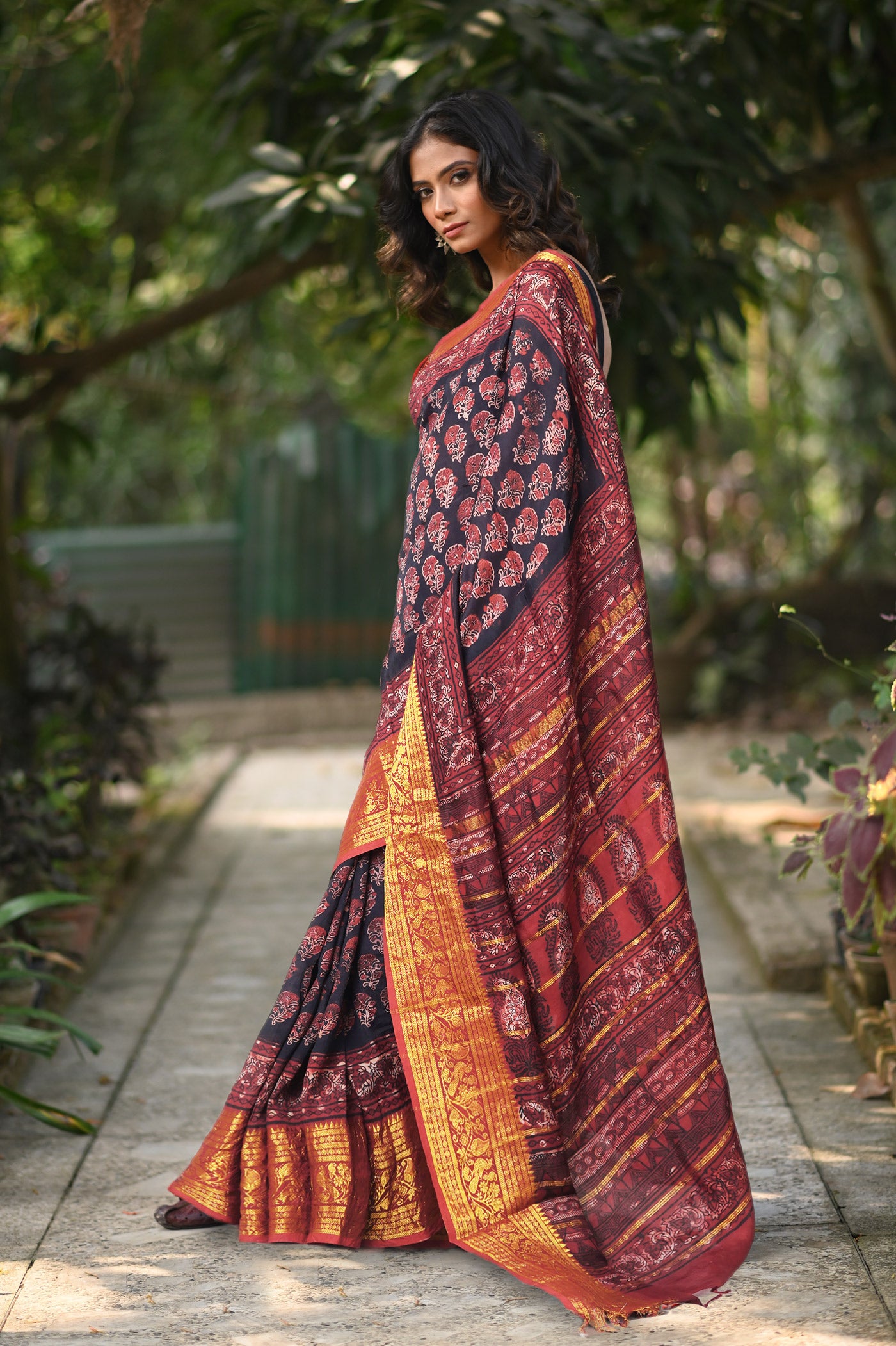 Black-Maroon Pure Ajrakh Printed Soft Silk Saree-UNM82307
