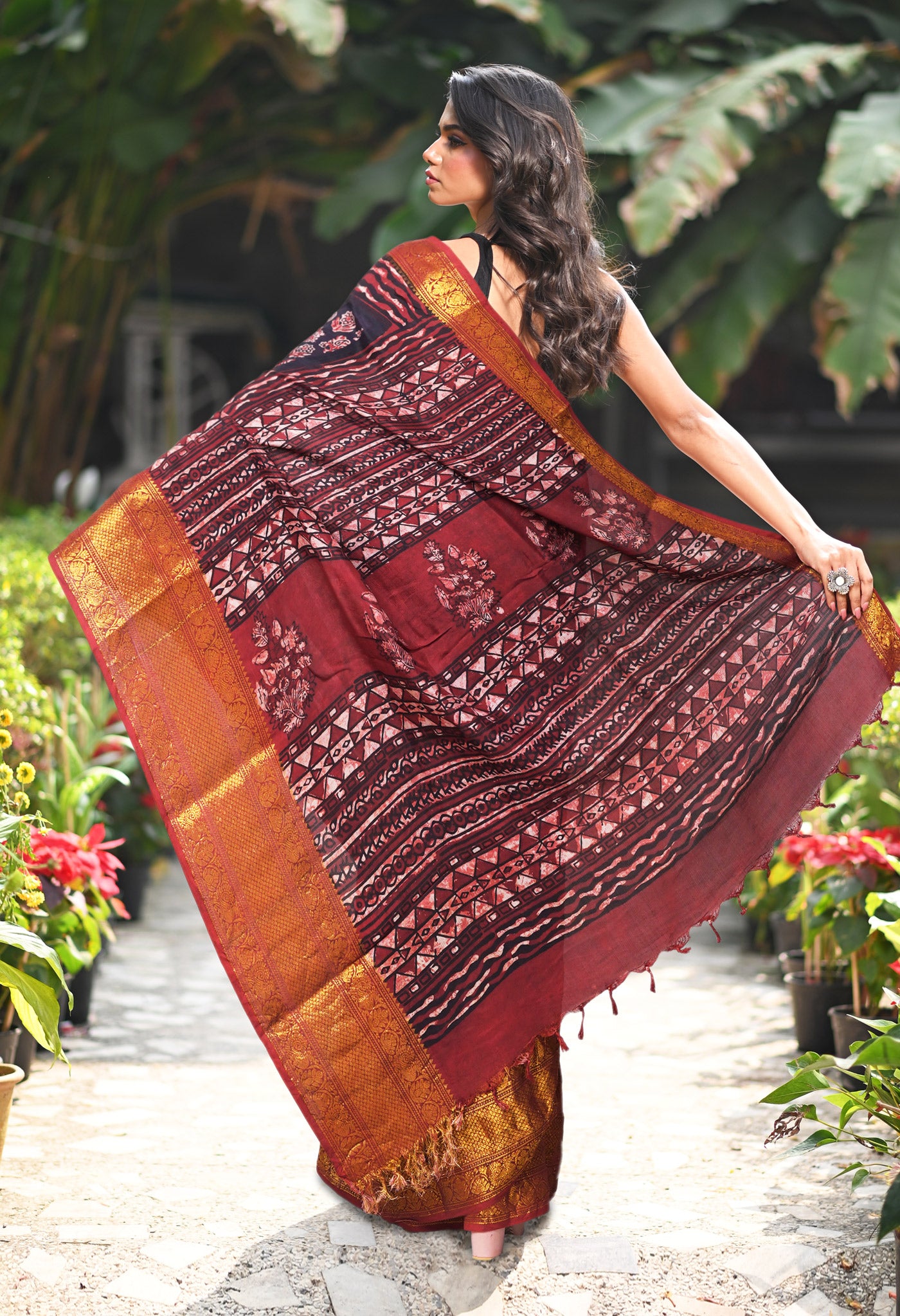 Black-Maroon Pure Ajrakh Printed Soft Silk Saree-UNM82308