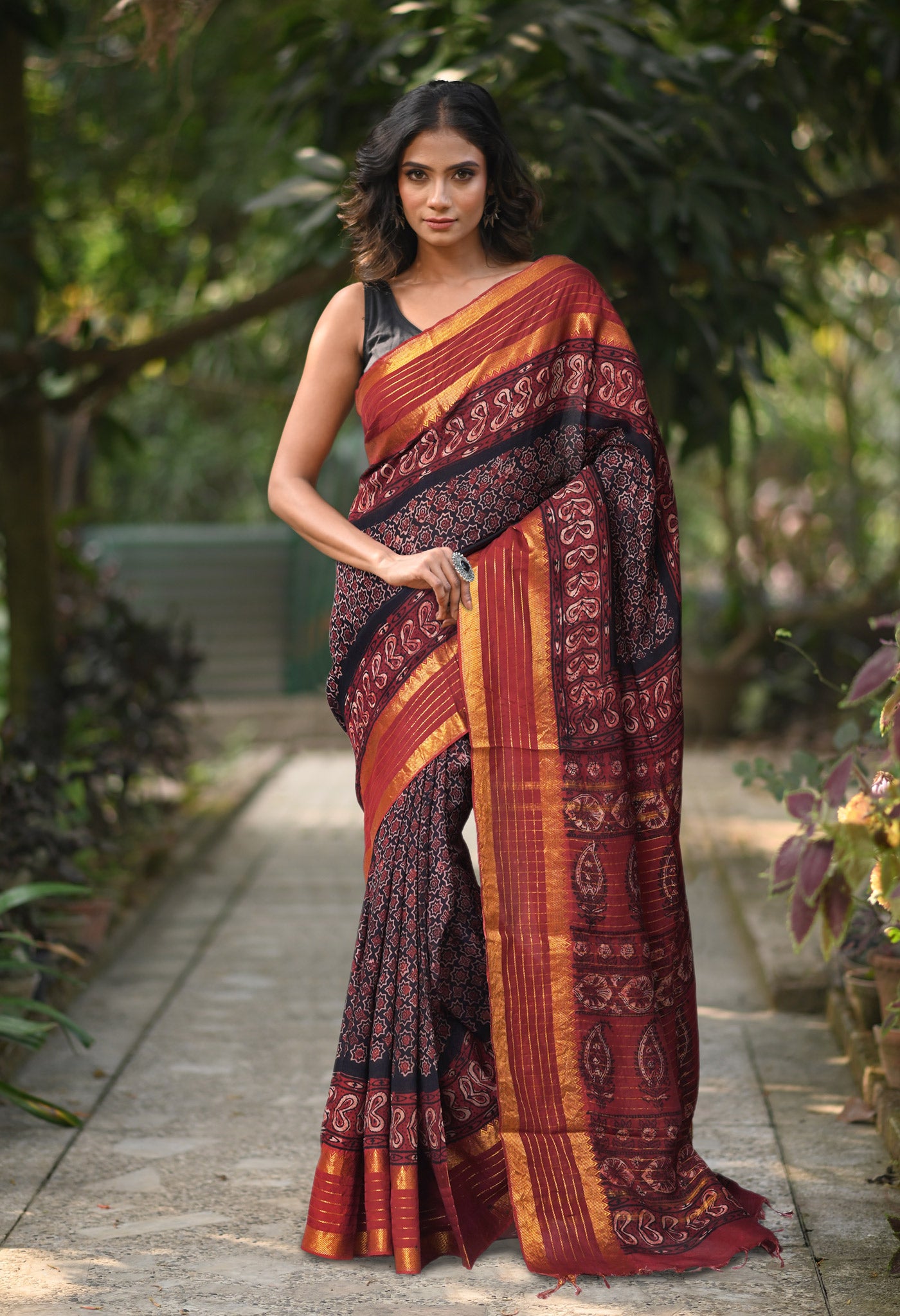 Black-Maroon Pure Ajrakh Printed Soft Silk Saree-UNM82309
