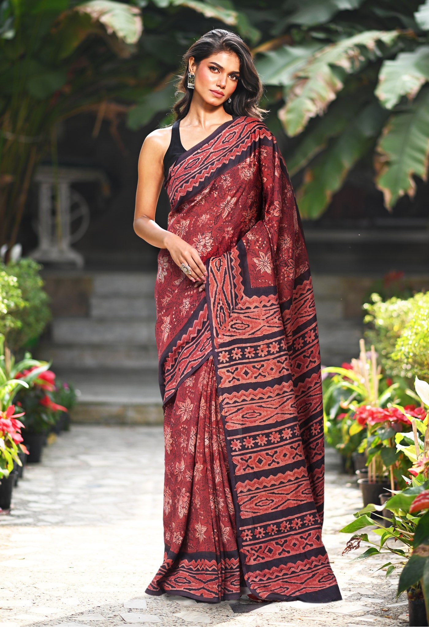 Maroon-Black Pure Ajrakh Printed Soft Silk Saree-UNM82311