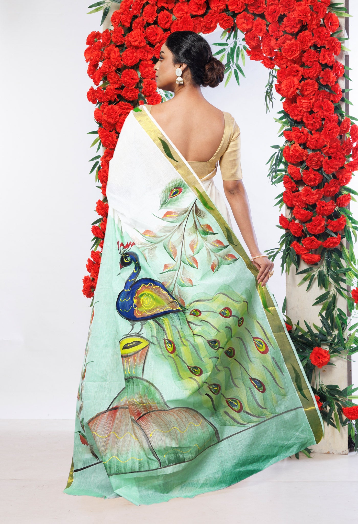 Ivory-Mint Green Pure Brush Painted Kerala Kasavu Cotton Saree-UNM82329