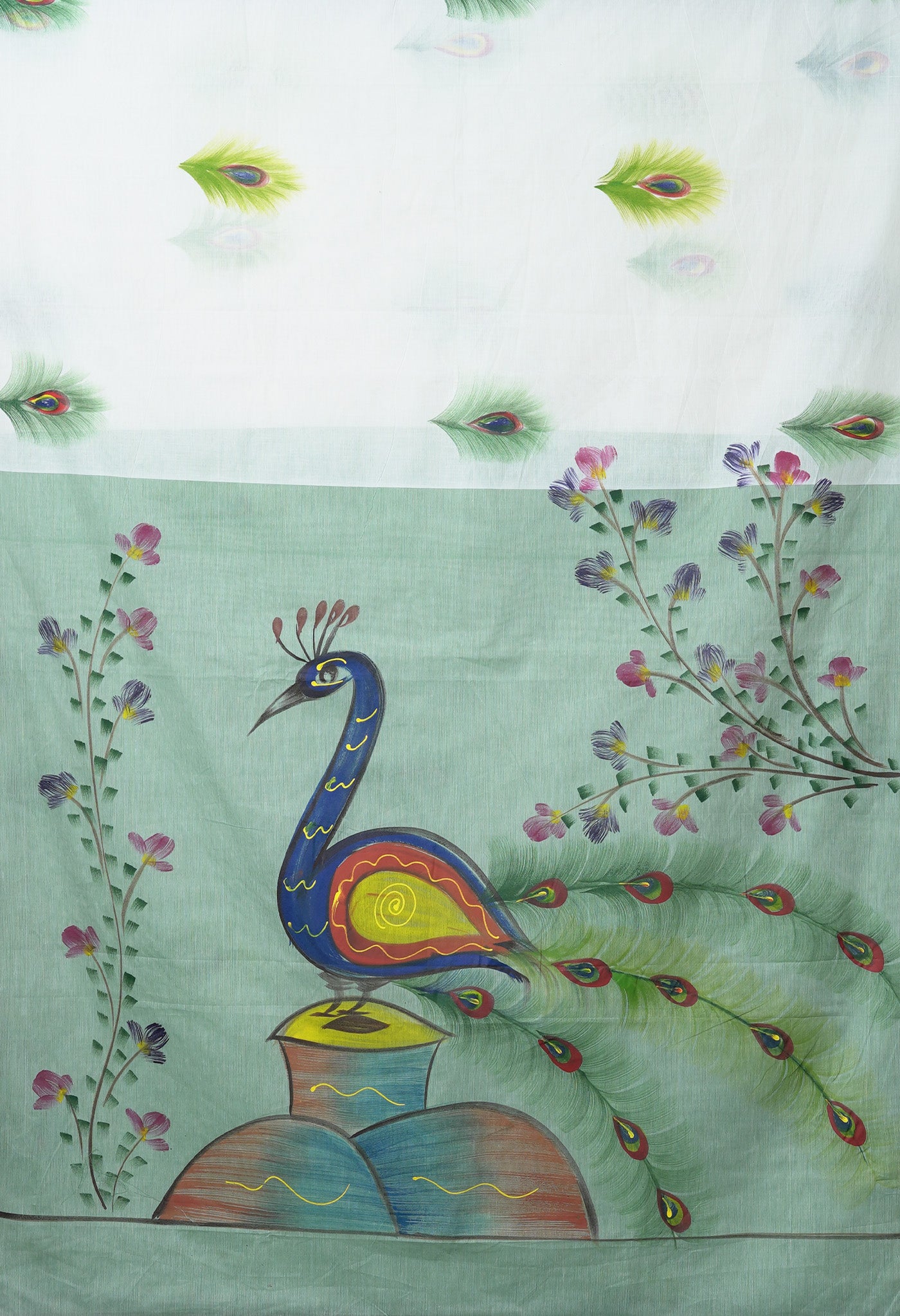 Ivory-Pale Green Pure Brush Painted Kerala Kasavu Cotton Saree-UNM82335