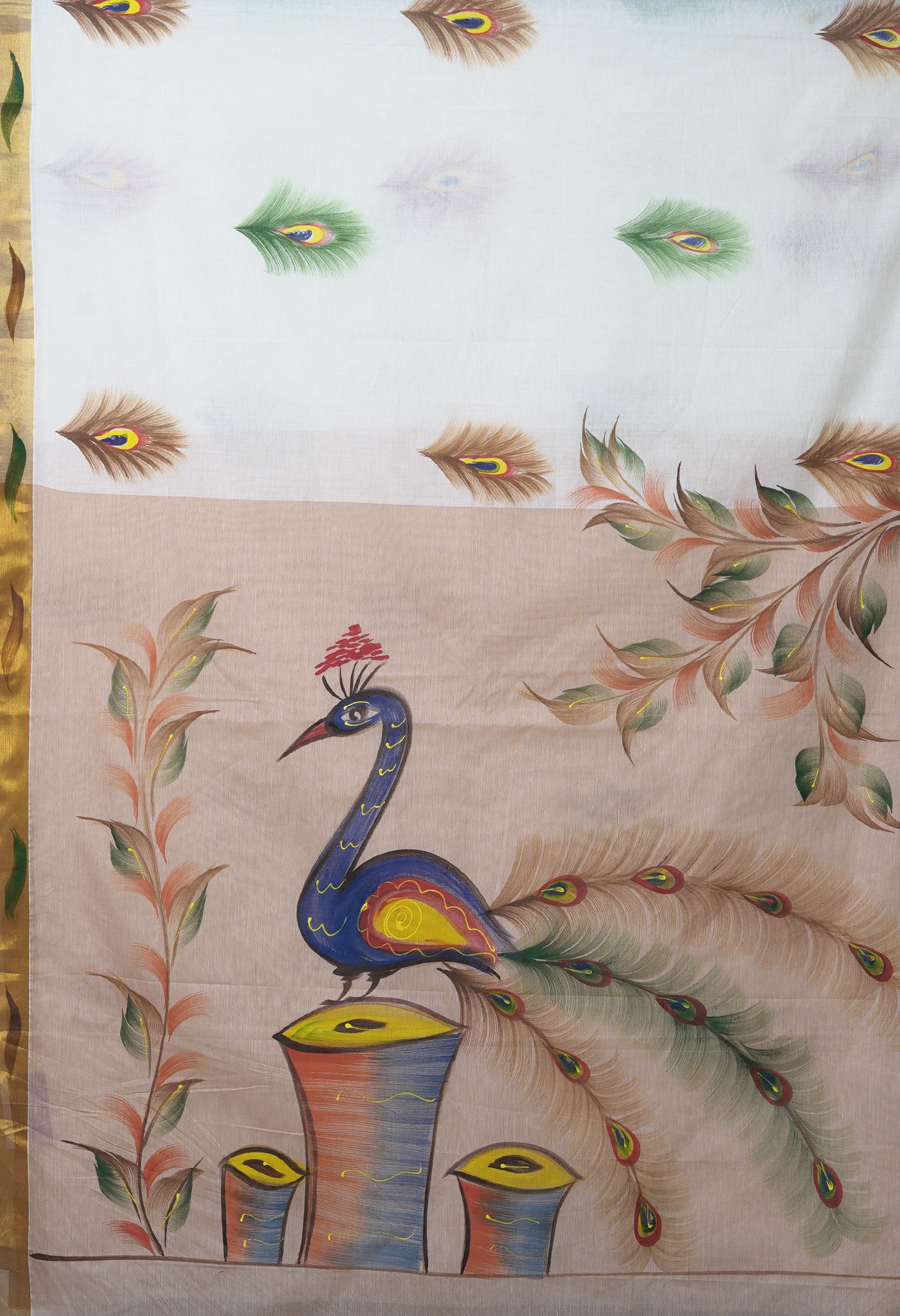 Ivory-Beige Pure Brush Painted Kerala Kasavu Cotton Saree-UNM82336